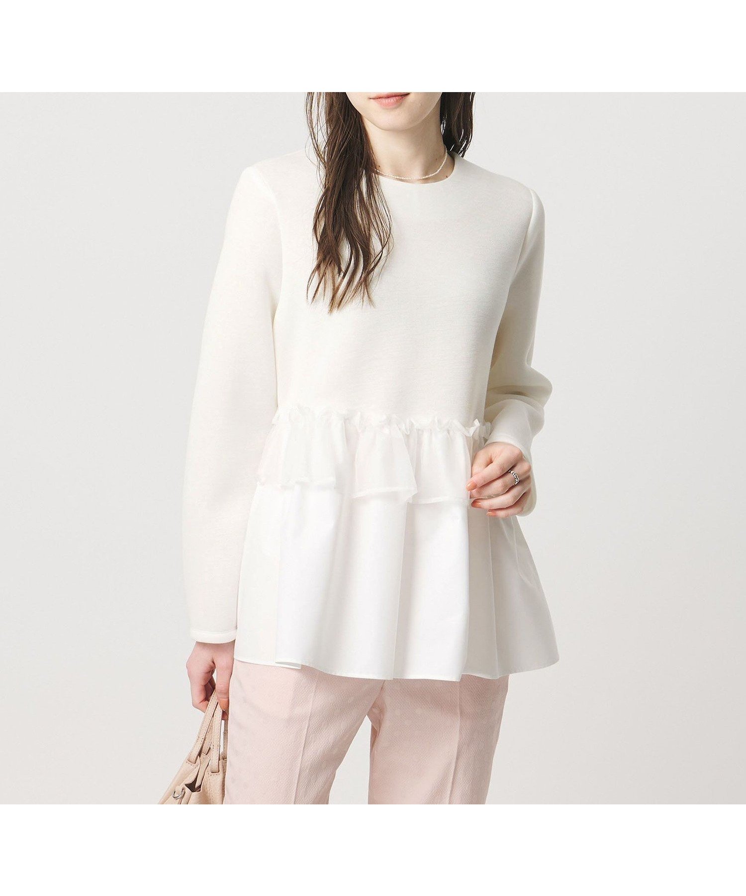 【ユナイテッドアローズ/UNITED ARROWS】のペプラムフリル カットソー インテリア・キッズ・メンズ・レディースファッション・服の通販 founy(ファニー) 　ファッション　Fashion　レディースファッション　Fashion for Women　トップス・カットソー　Cut & Sew Tops　カットソー・ベーシックTシャツ　Cut-and-Sewn Tops / Stretch Tees & Basics　オーガンジー　Organza Fabric　カットソー　Cut and Sewn Top　シンプル　Simple, Minimal　スリム　Slim, Slim Fit　センター　Center, Center Line　タイプライター　Typewriter Fabric, Crisp Cotton　フリル　Frill, Ruffle　ペプラム　Peplum, Flared Hem　ワイド　Wide, Wide Fit　エレガント 上品　Elegant　WHITE|ID: prp329100004854229 ipo3291000000036073246