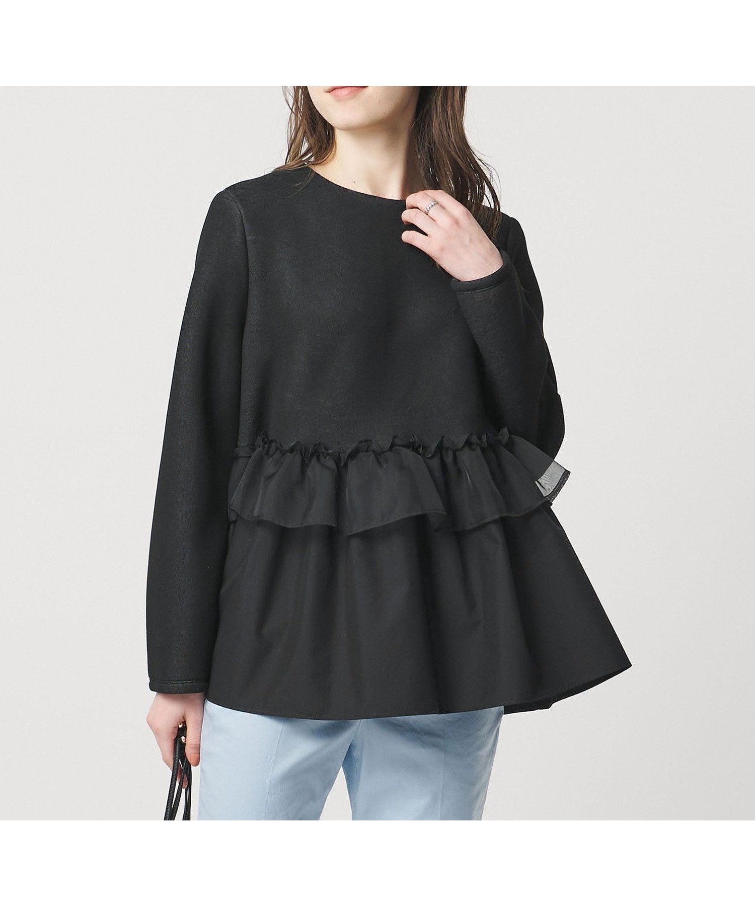 【ユナイテッドアローズ/UNITED ARROWS】のペプラムフリル カットソー インテリア・キッズ・メンズ・レディースファッション・服の通販 founy(ファニー) 　ファッション　Fashion　レディースファッション　Fashion for Women　トップス・カットソー　Cut & Sew Tops　カットソー・ベーシックTシャツ　Cut-and-Sewn Tops / Stretch Tees & Basics　オーガンジー　Organza Fabric　カットソー　Cut and Sewn Top　シンプル　Simple, Minimal　スリム　Slim, Slim Fit　センター　Center, Center Line　タイプライター　Typewriter Fabric, Crisp Cotton　フリル　Frill, Ruffle　ペプラム　Peplum, Flared Hem　ワイド　Wide, Wide Fit　エレガント 上品　Elegant　BLACK|ID: prp329100004854229 ipo3291000000036073248