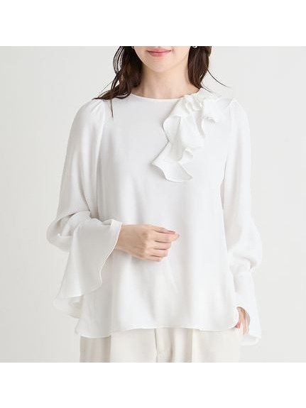 【セルフォード/CELFORD】のアシメラッフルブラウス インテリア・キッズ・メンズ・レディースファッション・服の通販 founy(ファニー) 　ファッション　Fashion　レディースファッション　Fashion for Women　トップス・カットソー　Cut & Sew Tops　シャツ・ブラウス・オフィスカジュアル　Elegant Blouses & Button-Ups　おすすめ　Recommended / Our Picks　アシンメトリー　Asymmetrical Style　カーディガン　Cardigan, Knitwear　ジョーゼット　Georgette, Semi-Sheer Fabric　スマート　Smart, Elegant　OWHT[002]|ID: prp329100004855732 ipo3291000000036257876