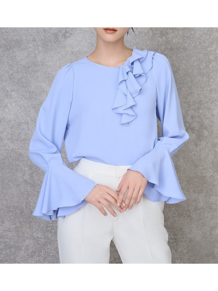 【セルフォード/CELFORD】のアシメラッフルブラウス インテリア・キッズ・メンズ・レディースファッション・服の通販 founy(ファニー) 　ファッション　Fashion　レディースファッション　Fashion for Women　トップス・カットソー　Cut & Sew Tops　シャツ・ブラウス・オフィスカジュアル　Elegant Blouses & Button-Ups　おすすめ　Recommended / Our Picks　アシンメトリー　Asymmetrical Style　カーディガン　Cardigan, Knitwear　ジョーゼット　Georgette, Semi-Sheer Fabric　スマート　Smart, Elegant　BLU[086]|ID: prp329100004855732 ipo3291000000036257879