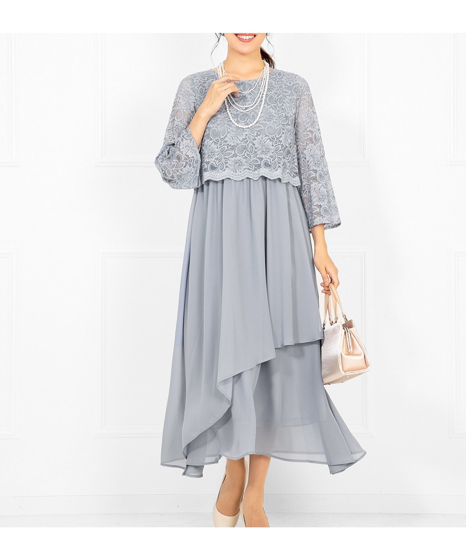 【アッドルージュ/AddRouge】のレース八分袖 ドレス ワンピース ロング丈 結婚式 演奏会 お呼ばれ インテリア・キッズ・メンズ・レディースファッション・服の通販 founy(ファニー) 　ファッション　Fashion　レディースファッション　Fashion for Women　ワンピース　Dresses　フォーマル・パーティードレス・結婚式用ドレス　Elegant & Casual Dresses　エレガント 上品　Elegant　切替　Switching, Contrast Panel　シフォン　Chiffon, Lightweight Fabric　スカラップ　Scallop, Scalloped Edge　ドレス　Dress, One-Piece　定番　Standard, Basic Item　フォーマル　Formal, Dressy　ベーシック　Basic, Essential　ラウンド　Round, Round Neck　レース　Lace, Lace Fabric　ロング　Long, Long-Length　再入荷　Restock / Back in Stock　おすすめ　Recommended / Our Picks　セレモニー　Ceremony　結婚式　Wedding　gryl/スカイグレー|ID: prp329100004855859 ipo3291000000036284345