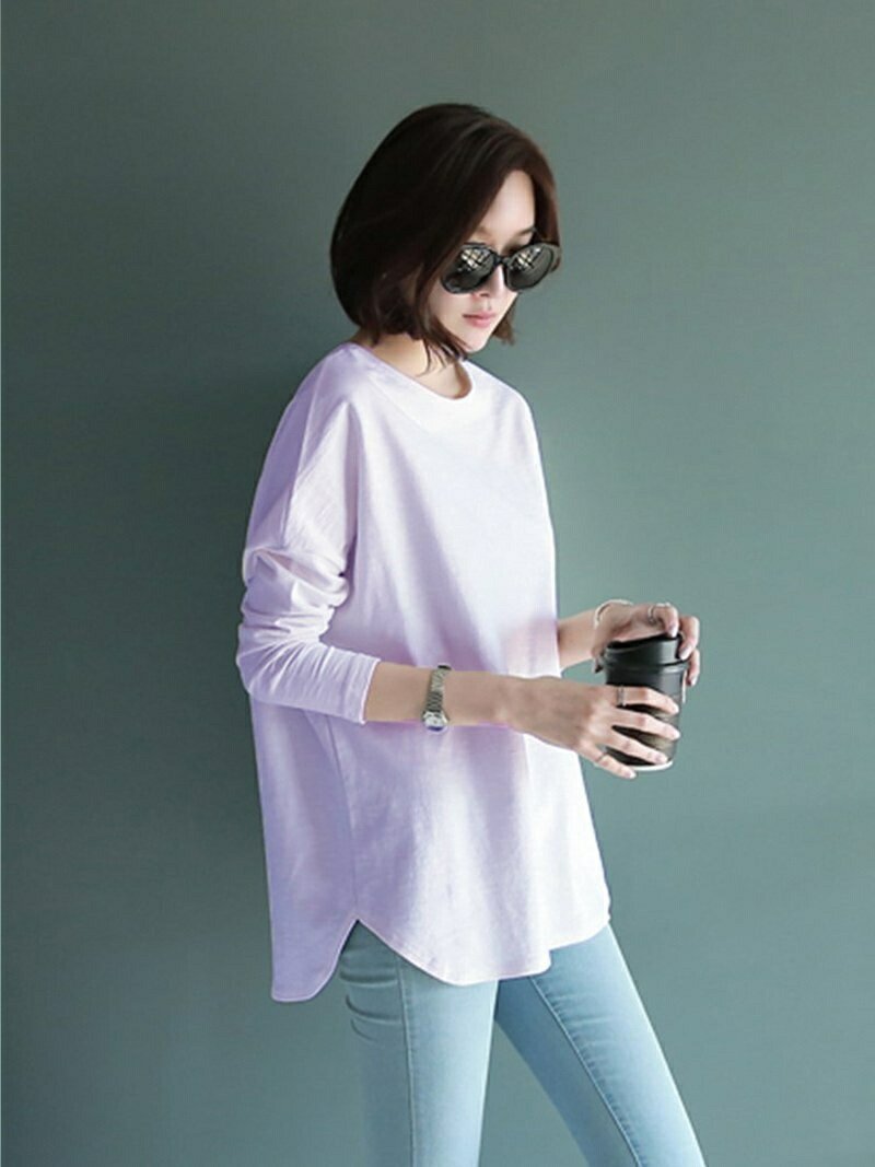 【スレンダー/SLENDER】のラウンドスリット入りロングTシャツ 長袖 重ね着 レイヤード インテリア・キッズ・メンズ・レディースファッション・服の通販 founy(ファニー) 　ファッション　Fashion　レディースファッション　Fashion for Women　トップス・カットソー　Cut & Sew Tops　シャツ・ブラウス・オフィスカジュアル　Elegant Blouses & Button-Ups　ロングTシャツ・Tシャツ　Longline T-Shirts & Tees　カットソー　Cut and Sewn Top　スリット　Slit, Slit Detail　デコルテ　Décolleté, Neckline　ラウンド　Round, Round Neck　ロング　Long, Long-Length　ワイド　Wide, Wide Fit　長袖　Long Sleeve, Full Sleeve　ラベンダー|ID: prp329100004856438 ipo3291000000036339666