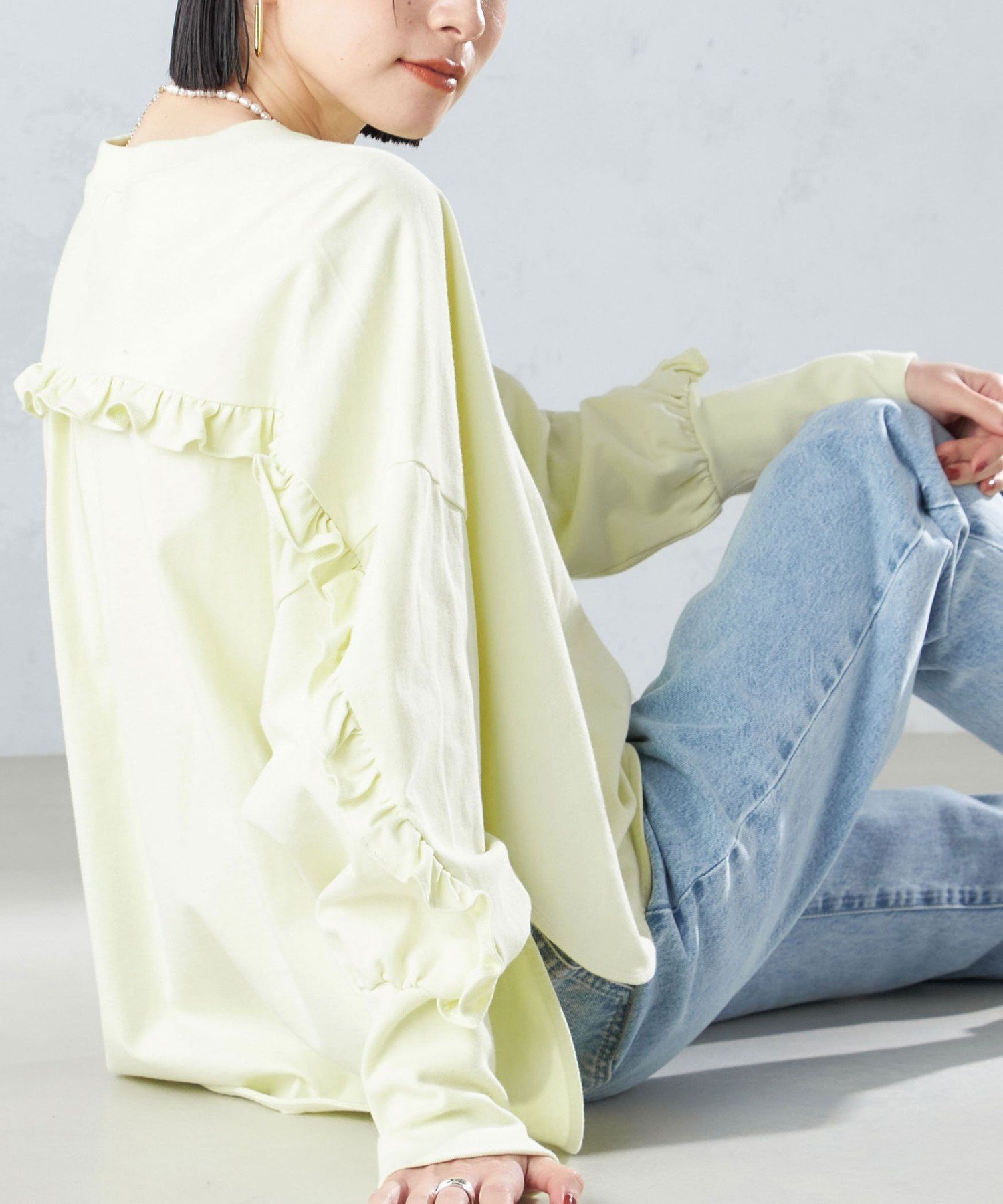 【シップス フォー ウィメン/SHIPS】の洗濯機可能 ロング リブ スリーブ フリル カットソー インテリア・キッズ・メンズ・レディースファッション・服の通販 founy(ファニー) 　ファッション　Fashion　レディースファッション　Fashion for Women　トップス・カットソー　Cut & Sew Tops　カットソー・ベーシックTシャツ　Cut-and-Sewn Tops / Stretch Tees & Basics　春　Spring　カットソー　Cut and Sewn Top　シンプル　Simple, Minimal　スリーブ　Sleeve, Long Sleeve / Short Sleeve　デニム　Denim, Jeans Material　バランス　Balance, Style Balance　フリル　Frill, Ruffle　フロント　Front, Front Design　ヨーク　Yoke, Yoke Design　ロング　Long, Long-Length　2025年　2025　2025春夏・S/S　Spring/Summer 2025 SS25　クリーム|ID: prp329100004859840 ipo3291000000035965551