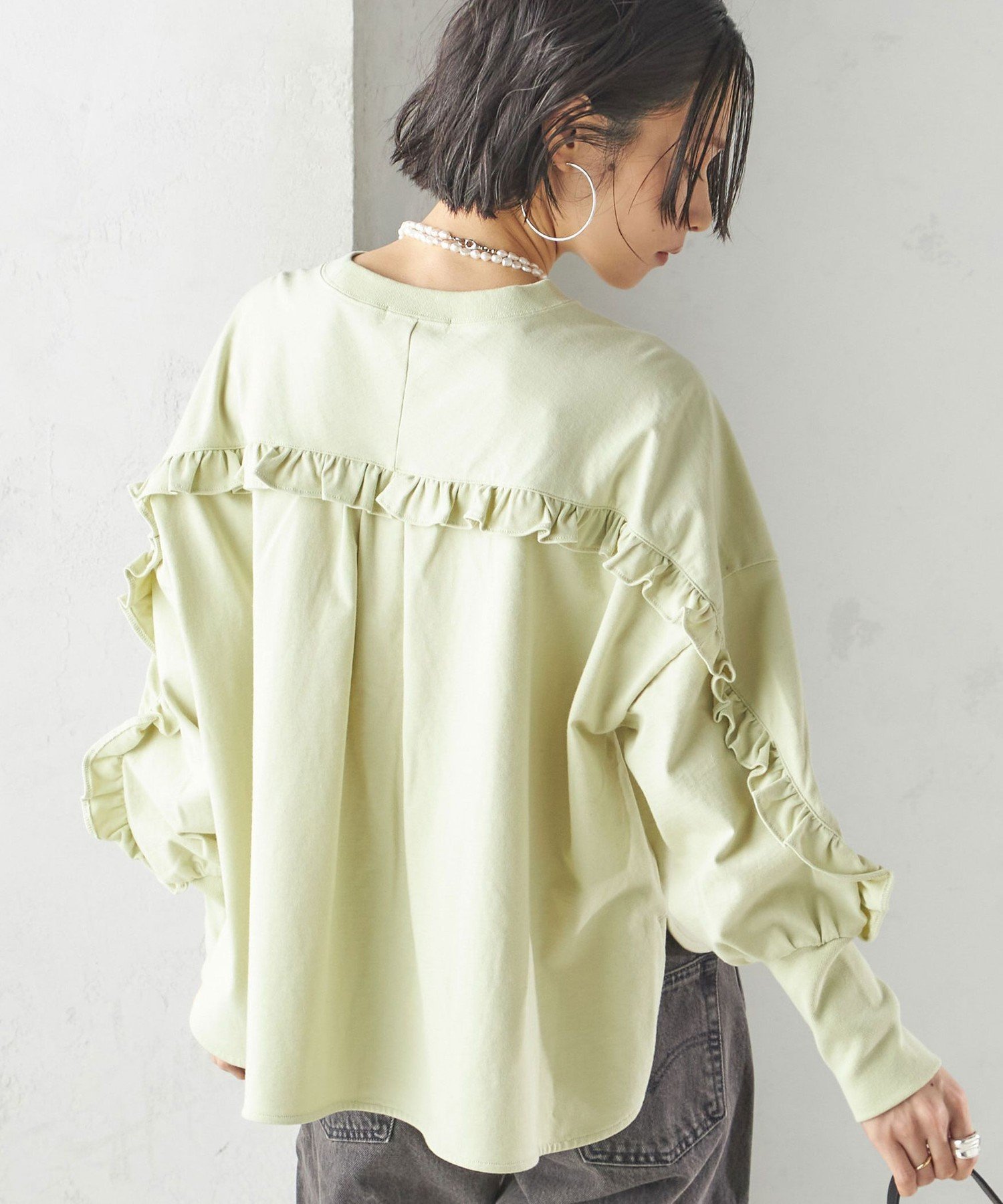 【シップス フォー ウィメン/SHIPS】の洗濯機可能 ロング リブ スリーブ フリル カットソー インテリア・キッズ・メンズ・レディースファッション・服の通販 founy(ファニー) 　ファッション　Fashion　レディースファッション　Fashion for Women　トップス・カットソー　Cut & Sew Tops　カットソー・ベーシックTシャツ　Cut-and-Sewn Tops / Stretch Tees & Basics　春　Spring　カットソー　Cut and Sewn Top　シンプル　Simple, Minimal　スリーブ　Sleeve, Long Sleeve / Short Sleeve　デニム　Denim, Jeans Material　バランス　Balance, Style Balance　フリル　Frill, Ruffle　フロント　Front, Front Design　ヨーク　Yoke, Yoke Design　ロング　Long, Long-Length　2025年　2025　2025春夏・S/S　Spring/Summer 2025 SS25　ミント|ID: prp329100004859840 ipo3291000000035965556