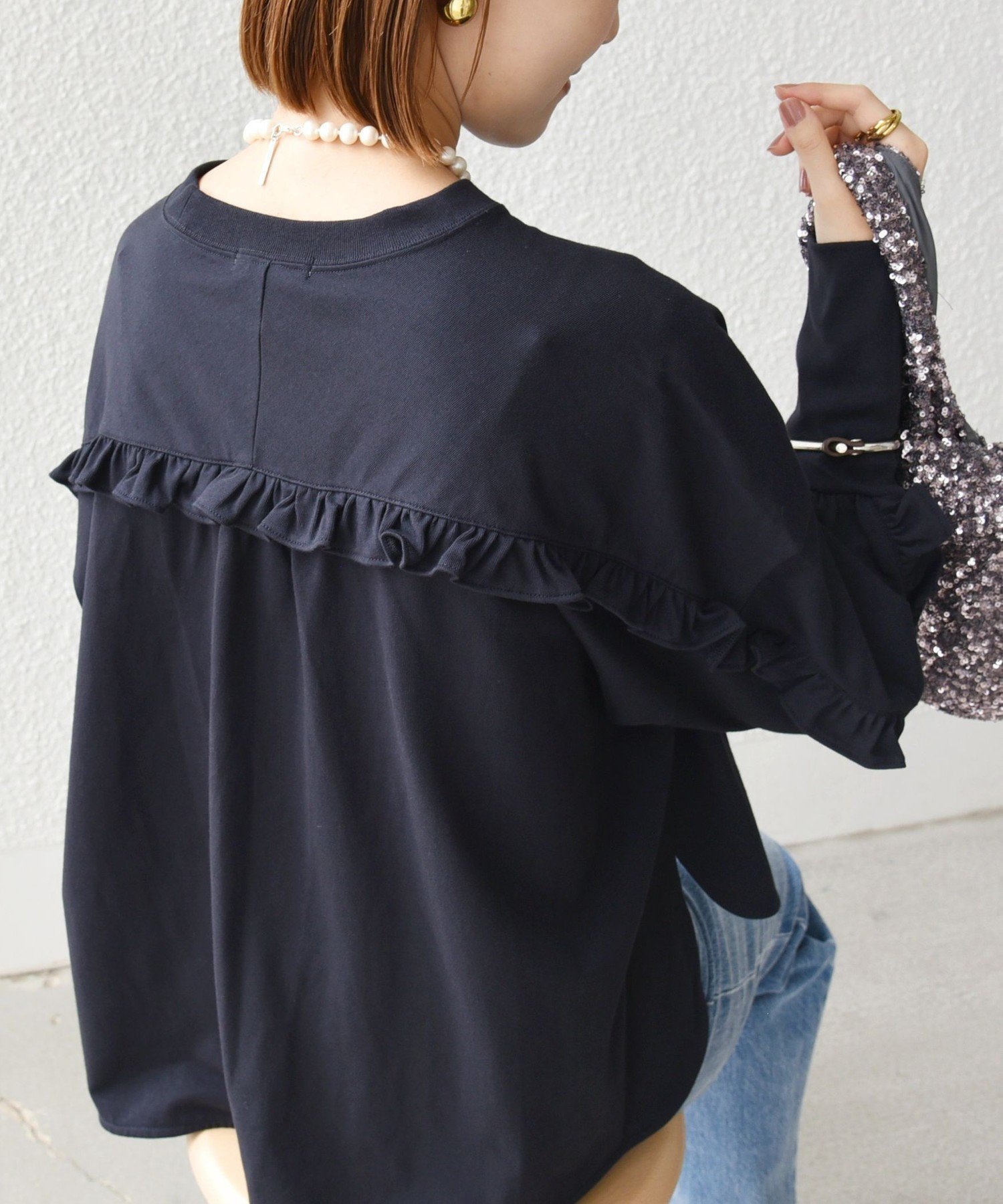 【シップス フォー ウィメン/SHIPS】の洗濯機可能 ロング リブ スリーブ フリル カットソー インテリア・キッズ・メンズ・レディースファッション・服の通販 founy(ファニー) 　ファッション　Fashion　レディースファッション　Fashion for Women　トップス・カットソー　Cut & Sew Tops　カットソー・ベーシックTシャツ　Cut-and-Sewn Tops / Stretch Tees & Basics　春　Spring　カットソー　Cut and Sewn Top　シンプル　Simple, Minimal　スリーブ　Sleeve, Long Sleeve / Short Sleeve　デニム　Denim, Jeans Material　バランス　Balance, Style Balance　フリル　Frill, Ruffle　フロント　Front, Front Design　ヨーク　Yoke, Yoke Design　ロング　Long, Long-Length　2025年　2025　2025春夏・S/S　Spring/Summer 2025 SS25　ネイビー|ID: prp329100004859840 ipo3291000000035965563