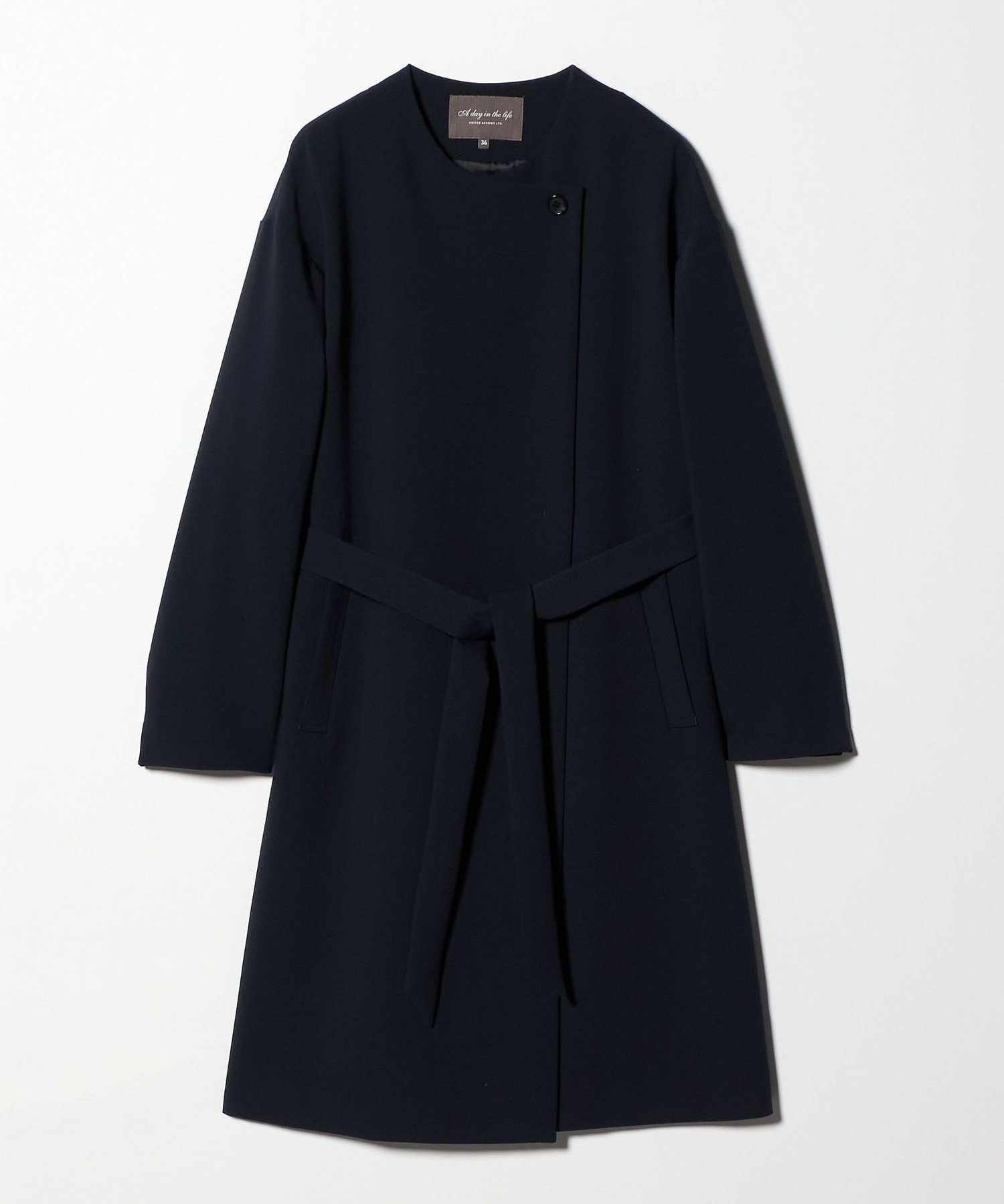 【ユナイテッドアローズ/UNITED ARROWS】のダブルクロス ノーカラー ベルトコート A DAY IN THE LIFE インテリア・キッズ・メンズ・レディースファッション・服の通販 founy(ファニー) 　ファッション　Fashion　レディースファッション　Fashion for Women　アウター　Coat / Outerwear Collection　コート・ロングコート・ピーコート　Long Coats, Peacoats & More　ベルト&ウエストマーク　Belts & Waist Accessories　シンプル　Simple, Minimal　ダブル　Double, Double-Breasted　トレンド　Trend, Trending Now　バランス　Balance, Style Balance　フロント　Front, Front Design　ポケット　Pocket, Pocket Detail　ロング　Long, Long-Length　アウトレット　Outlet / Clearance　エレガント 上品　Elegant　セレモニー　Ceremony　ビジネス 仕事 通勤　Business / Work / Commuting　NAVY|ID: prp329100004861568 ipo3291000000036036319