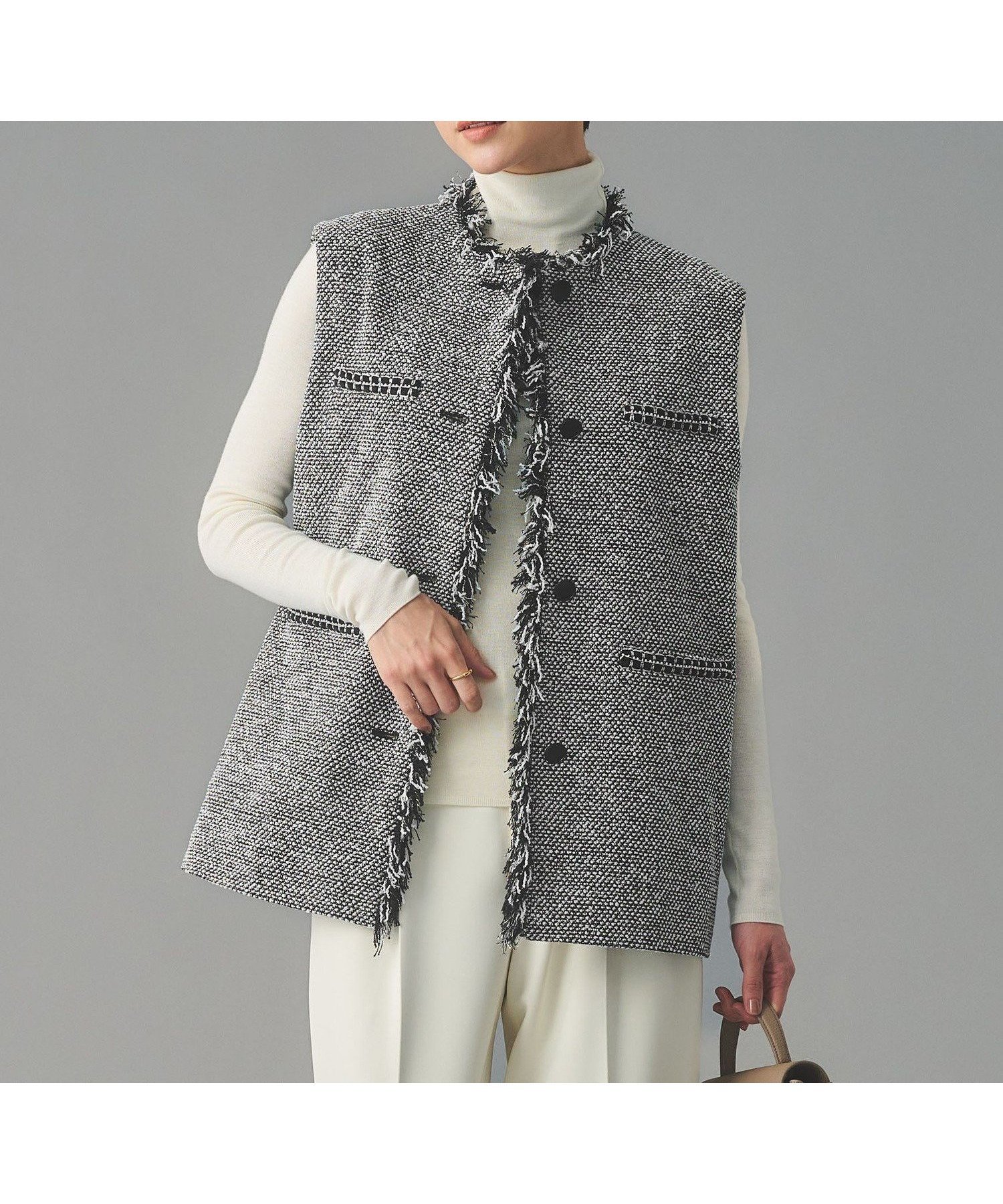 【ユナイテッドアローズ/UNITED ARROWS】の2トーン ツイードライク ベスト インテリア・キッズ・メンズ・レディースファッション・服の通販 founy(ファニー) 　ファッション　Fashion　レディースファッション　Fashion for Women　アウター　Coat / Outerwear Collection　トップス・カットソー　Cut & Sew Tops　ベスト&ジレ / 重ね着スタイル　Vests & Gilets　ジャケット　Jacket, Outerwear　セットアップ　Set-Up, Coordinated Outfit　ツイード　Twill, Twill Weave　デニム　Denim, Jeans Material　フリンジ　Fringe, Tassel　ブレード　Braid, Decorative Trim　ベスト　Vest, Waistcoat　ミックス　Mix, Mixed Style　ランダム　Random, Irregular　おすすめ　Recommended / Our Picks　エレガント 上品　Elegant　セレモニー　Ceremony　BLACK|ID: prp329100004861605 ipo3291000000036038895