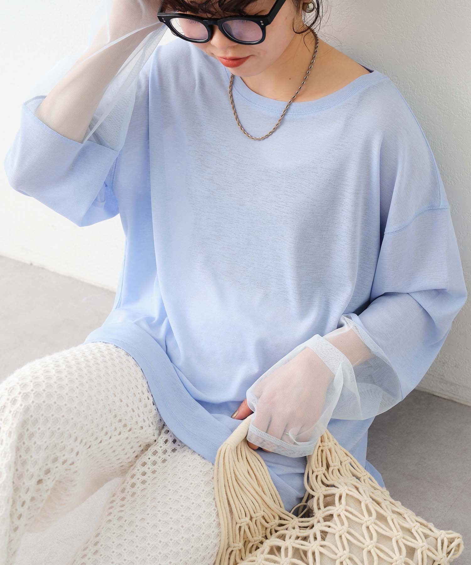 【チャオパニックティピー/CIAOPANIC TYPY】の【新色追加】袖切替シアーアソートTEE インテリア・キッズ・メンズ・レディースファッション・服の通販 founy(ファニー) 　ファッション　Fashion　レディースファッション　Fashion for Women　トップス・カットソー　Cut & Sew Tops　インナー　Innerwear　キャミワンピース　Cami Dress, Slip Dress　切替　Switching, Contrast Panel　サロペット　Overalls, Salopette　シアー　Sheer, See-Through　シンプル　Simple, Minimal　チュール　Tulip, Tulip Motif　ルーズ　Loose, Oversized　ロング　Long, Long-Length　再入荷　Restock / Back in Stock　おすすめ　Recommended / Our Picks　サックスブルー|ID: prp329100004861626 ipo3291000000036040450