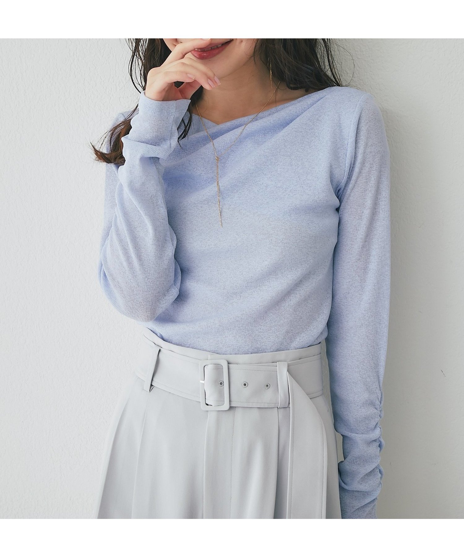 【ラブティックボンボン/La boutique BonBon】の【miki監修カラー・ネイビー サックス追加!】ドレープネックプルオーバー インテリア・キッズ・メンズ・レディースファッション・服の通販 founy(ファニー) 　ファッション　Fashion　レディースファッション　Fashion for Women　トップス・カットソー　Cut & Sew Tops　カジュアルプルオーバー・ニットトップス　Pullovers & Knit Tops / Casual Pullovers　シャーリング　Shirring, Ruched　ショルダー　Shoulder, Shoulder Strap　シンプル　Simple, Minimal　ストレッチ　Stretch, Stretchy Fabric　スラックス　Slacks, Dress Pants　スリーブ　Sleeve, Long Sleeve / Short Sleeve　デコルテ　Décolleté, Neckline　デニム　Denim, Jeans Material　バランス　Balance, Style Balance　フィット　Fit, Slim Fit　フェミニン　Feminine, Girly　マーメイド　Mermaid, Fishtail Silhouette　ロング　Long, Long-Length　おすすめ　Recommended / Our Picks　エレガント 上品　Elegant　サックスブルー|ID: prp329100004861636 ipo3291000000036041449