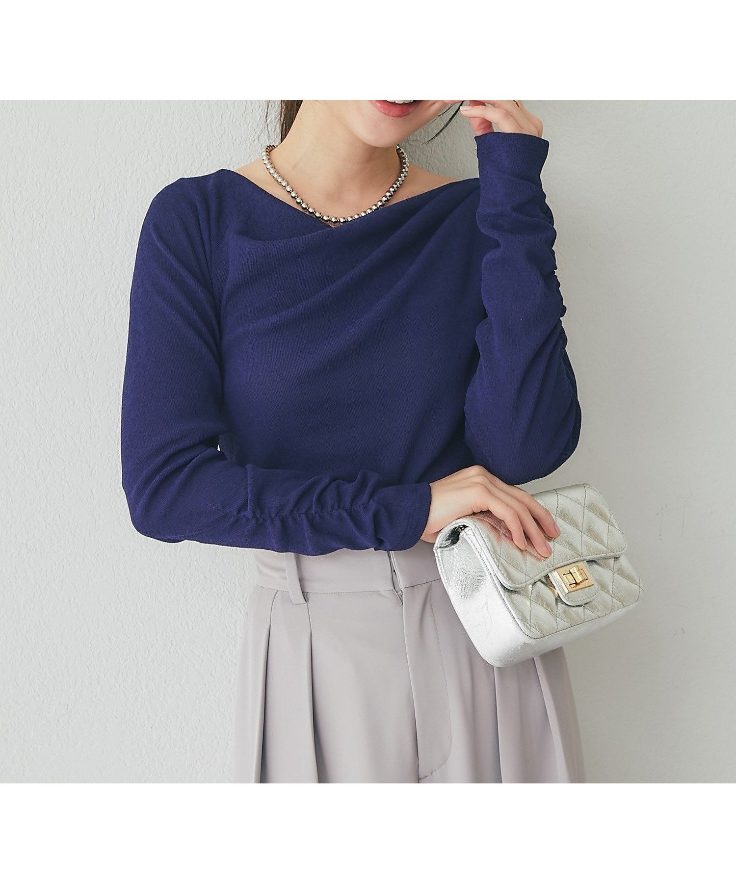 【ラブティックボンボン/La boutique BonBon】の【miki監修カラー・ネイビー サックス追加!】ドレープネックプルオーバー インテリア・キッズ・メンズ・レディースファッション・服の通販 founy(ファニー) 　ファッション　Fashion　レディースファッション　Fashion for Women　トップス・カットソー　Cut & Sew Tops　カジュアルプルオーバー・ニットトップス　Pullovers & Knit Tops / Casual Pullovers　シャーリング　Shirring, Ruched　ショルダー　Shoulder, Shoulder Strap　シンプル　Simple, Minimal　ストレッチ　Stretch, Stretchy Fabric　スラックス　Slacks, Dress Pants　スリーブ　Sleeve, Long Sleeve / Short Sleeve　デコルテ　Décolleté, Neckline　デニム　Denim, Jeans Material　バランス　Balance, Style Balance　フィット　Fit, Slim Fit　フェミニン　Feminine, Girly　マーメイド　Mermaid, Fishtail Silhouette　ロング　Long, Long-Length　おすすめ　Recommended / Our Picks　エレガント 上品　Elegant　ネイビー|ID: prp329100004861636 ipo3291000000036041453