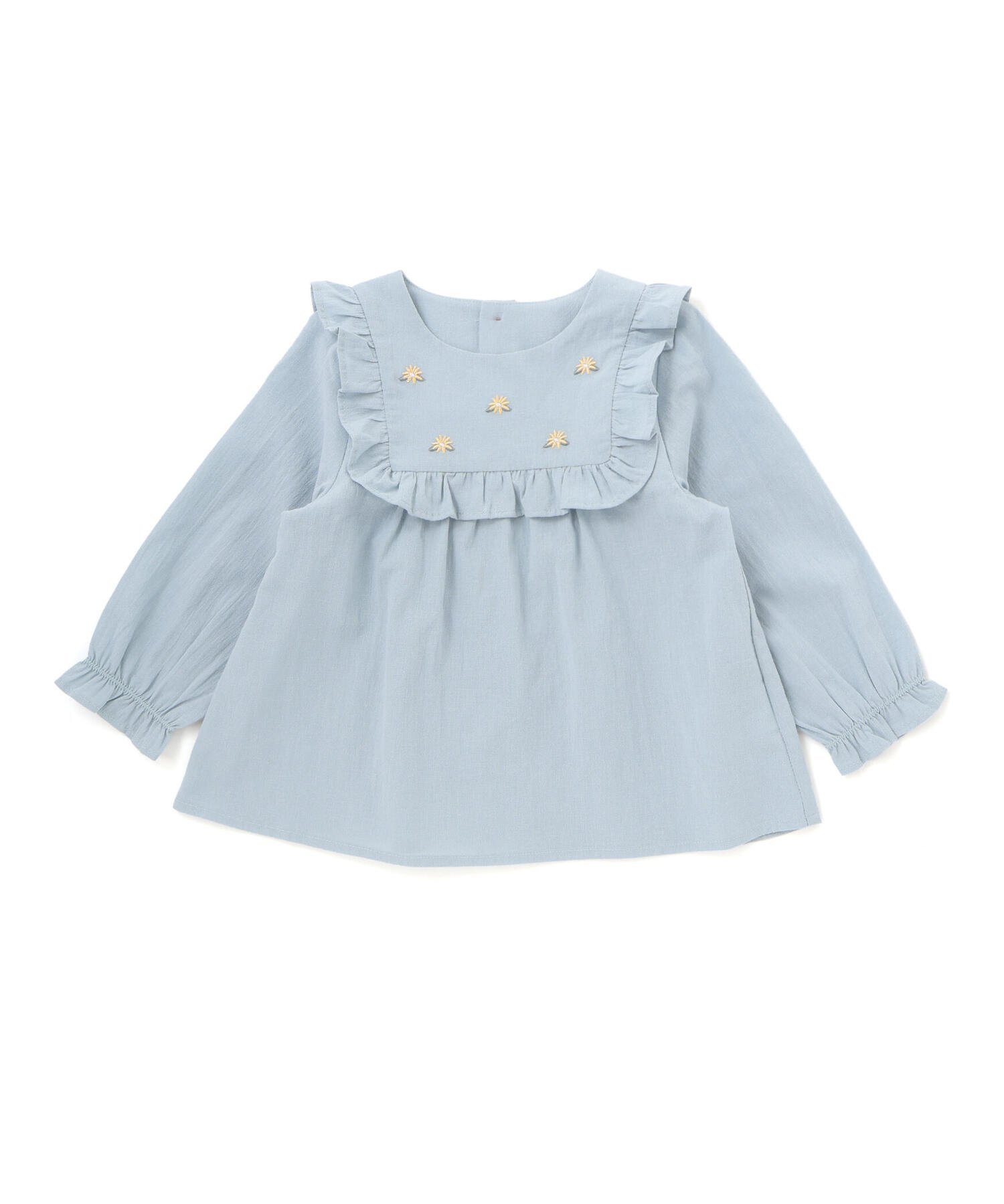 【ベベ オンライン ストア/BEBE ONLINE STORE / KIDS】のスクエアフリルお花刺しゅう長袖フレアブラウス(80~100cm) インテリア・キッズ・メンズ・レディースファッション・服の通販 founy(ファニー) 　ファッション　Fashion　キッズファッション　Fashion for Kids　春　Spring　ギャザー　Gathered, Ruffled　シンプル　Simple, Minimal　スクエア　Square, Square Shape　長袖　Long Sleeve, Full Sleeve　フリル　Frill, Ruffle　フレア　Flare, Flared　ブロード　Broadcloth, Fine Cotton　ベビー　Baby, Babywear　ベーシック　Basic, Essential　ワンポイント　One Point, Statement Accent　S/S・春夏　SS, Spring/Summer, Warm Season　夏　Summer　2026年　2026　ブルー|ID: prp329100004863506 ipo3291000000036157857