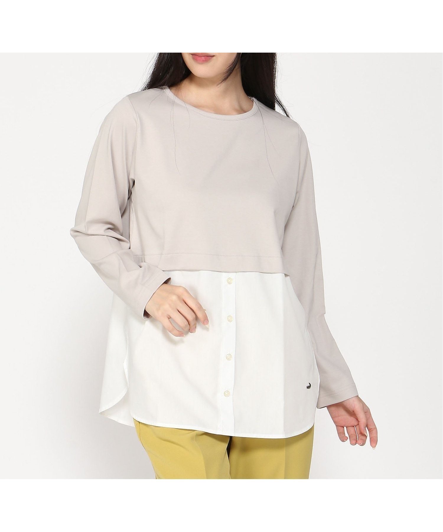 【クロコダイル/CROCODILE】の布帛ドッキング カットソー インテリア・キッズ・メンズ・レディースファッション・服の通販 founy(ファニー) 　ファッション　Fashion　レディースファッション　Fashion for Women　トップス・カットソー　Cut & Sew Tops　カットソー・ベーシックTシャツ　Cut-and-Sewn Tops / Stretch Tees & Basics　カットソー　Cut and Sewn Top　トレンド　Trend, Trending Now　ドッキング　Docking, Mixed Material　ロング　Long, Long-Length　ワイド　Wide, Wide Fit　ライトグレー|ID: prp329100004863562 ipo3291000000036160021