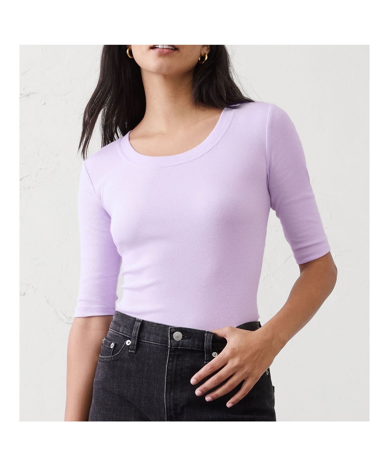 【バナナリパブリック ファクトリーストア/BANANA REPUBLIC FACTORY STORE】のBANANA REPUBLIC FACTORY STORE リブエルボースリーブTシャツ インテリア・キッズ・メンズ・レディースファッション・服の通販 founy(ファニー) 　ファッション　Fashion　レディースファッション　Fashion for Women　トップス・カットソー　Cut & Sew Tops　シャツ・ブラウス・オフィスカジュアル　Elegant Blouses & Button-Ups　ロングTシャツ・Tシャツ　Longline T-Shirts & Tees　インナー　Innerwear　ジャケット　Jacket, Outerwear　デコルテ　Décolleté, Neckline　ベーシック　Basic, Essential　LITTLE_LILAC_POLYESTER|ID: prp329100004863579 ipo3291000000036161415
