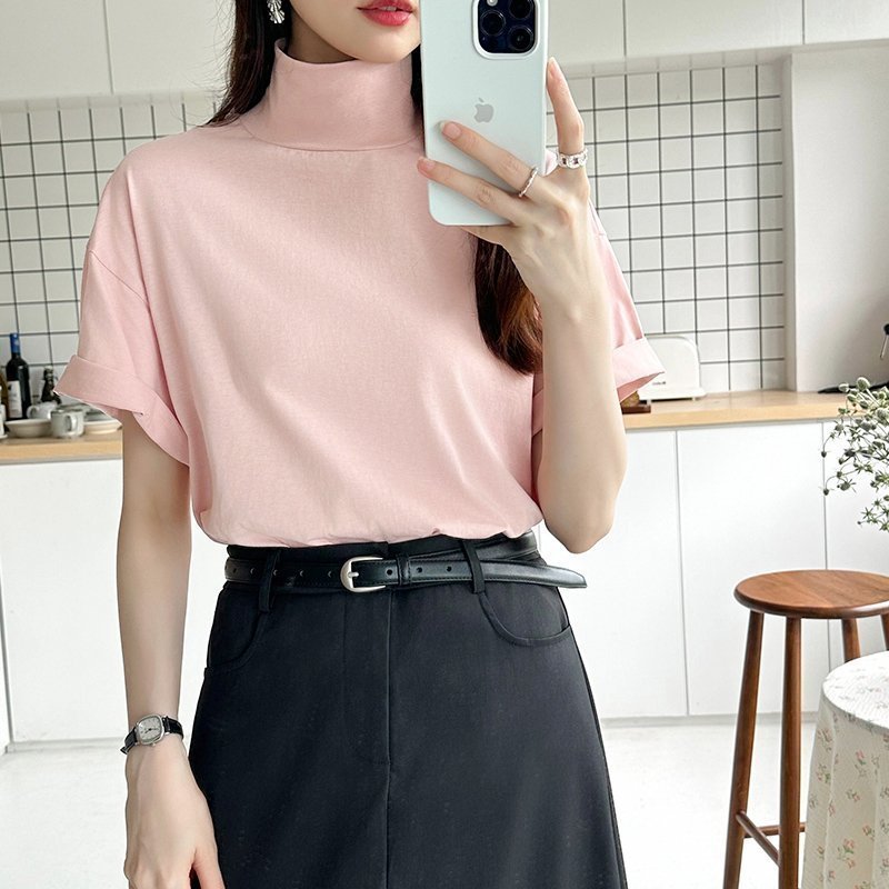 【ココモモ/COCOMOMO】のハイネックTシャツ 半袖カットソー コットンT トップス レディース インテリア・キッズ・メンズ・レディースファッション・服の通販 founy(ファニー) 　ファッション　Fashion　レディースファッション　Fashion for Women　トップス・カットソー　Cut & Sew Tops　シャツ・ブラウス・オフィスカジュアル　Elegant Blouses & Button-Ups　ロングTシャツ・Tシャツ　Longline T-Shirts & Tees　カットソー・ベーシックTシャツ　Cut-and-Sewn Tops / Stretch Tees & Basics　イエロー　Yellow　春　Spring　カットソー　Cut and Sewn Top　吸水　Absorbent, Quick-Dry　シンプル　Simple, Minimal　ストレッチ　Stretch, Stretchy Fabric　デニム　Denim, Jeans Material　人気　Popular, Best Seller　ハイネック　High Neck, Mock Neck　パープル　Purple, Violet　ボーダー　Border, Stripe　半袖　Short Sleeve, Half Sleeve　モックネック　Mock Neck, Short Turtleneck　無地　Plain, Solid Color　ロング　Long, Long-Length　ワイド　Wide, Wide Fit　S/S・春夏　SS, Spring/Summer, Warm Season　おすすめ　Recommended / Our Picks　夏　Summer　旅行　Travel　エレガント 上品　Elegant　ビジネス 仕事 通勤　Business / Work / Commuting　ピンク|ID: prp329100004863592 ipo3291000000036162730