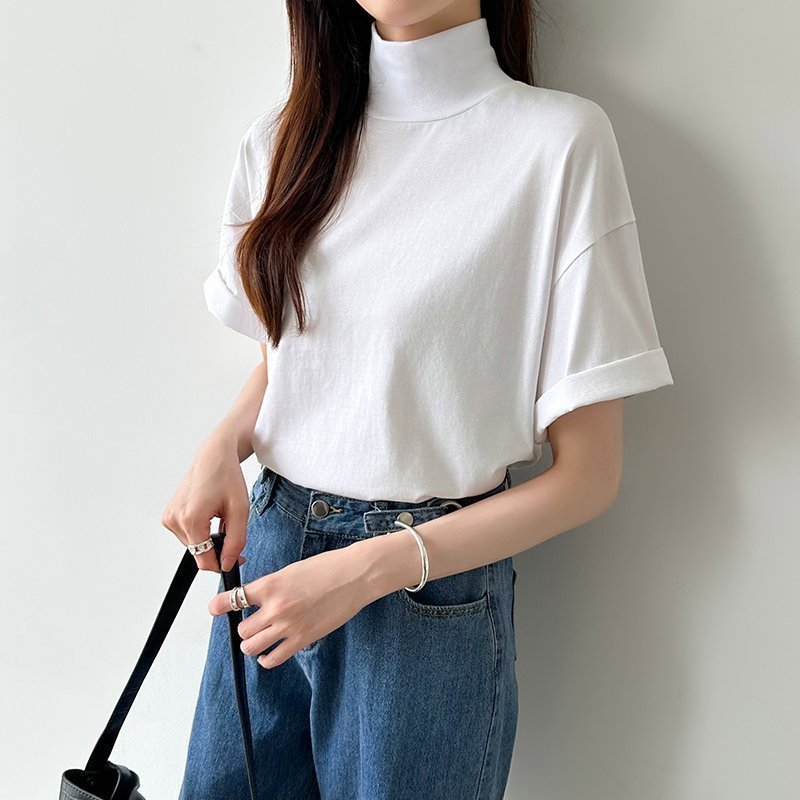 【ココモモ/COCOMOMO】のハイネックTシャツ 半袖カットソー コットンT トップス レディース インテリア・キッズ・メンズ・レディースファッション・服の通販 founy(ファニー) 　ファッション　Fashion　レディースファッション　Fashion for Women　トップス・カットソー　Cut & Sew Tops　シャツ・ブラウス・オフィスカジュアル　Elegant Blouses & Button-Ups　ロングTシャツ・Tシャツ　Longline T-Shirts & Tees　カットソー・ベーシックTシャツ　Cut-and-Sewn Tops / Stretch Tees & Basics　イエロー　Yellow　春　Spring　カットソー　Cut and Sewn Top　吸水　Absorbent, Quick-Dry　シンプル　Simple, Minimal　ストレッチ　Stretch, Stretchy Fabric　デニム　Denim, Jeans Material　人気　Popular, Best Seller　ハイネック　High Neck, Mock Neck　パープル　Purple, Violet　ボーダー　Border, Stripe　半袖　Short Sleeve, Half Sleeve　モックネック　Mock Neck, Short Turtleneck　無地　Plain, Solid Color　ロング　Long, Long-Length　ワイド　Wide, Wide Fit　S/S・春夏　SS, Spring/Summer, Warm Season　おすすめ　Recommended / Our Picks　夏　Summer　旅行　Travel　エレガント 上品　Elegant　ビジネス 仕事 通勤　Business / Work / Commuting　ホワイト|ID: prp329100004863592 ipo3291000000036162737