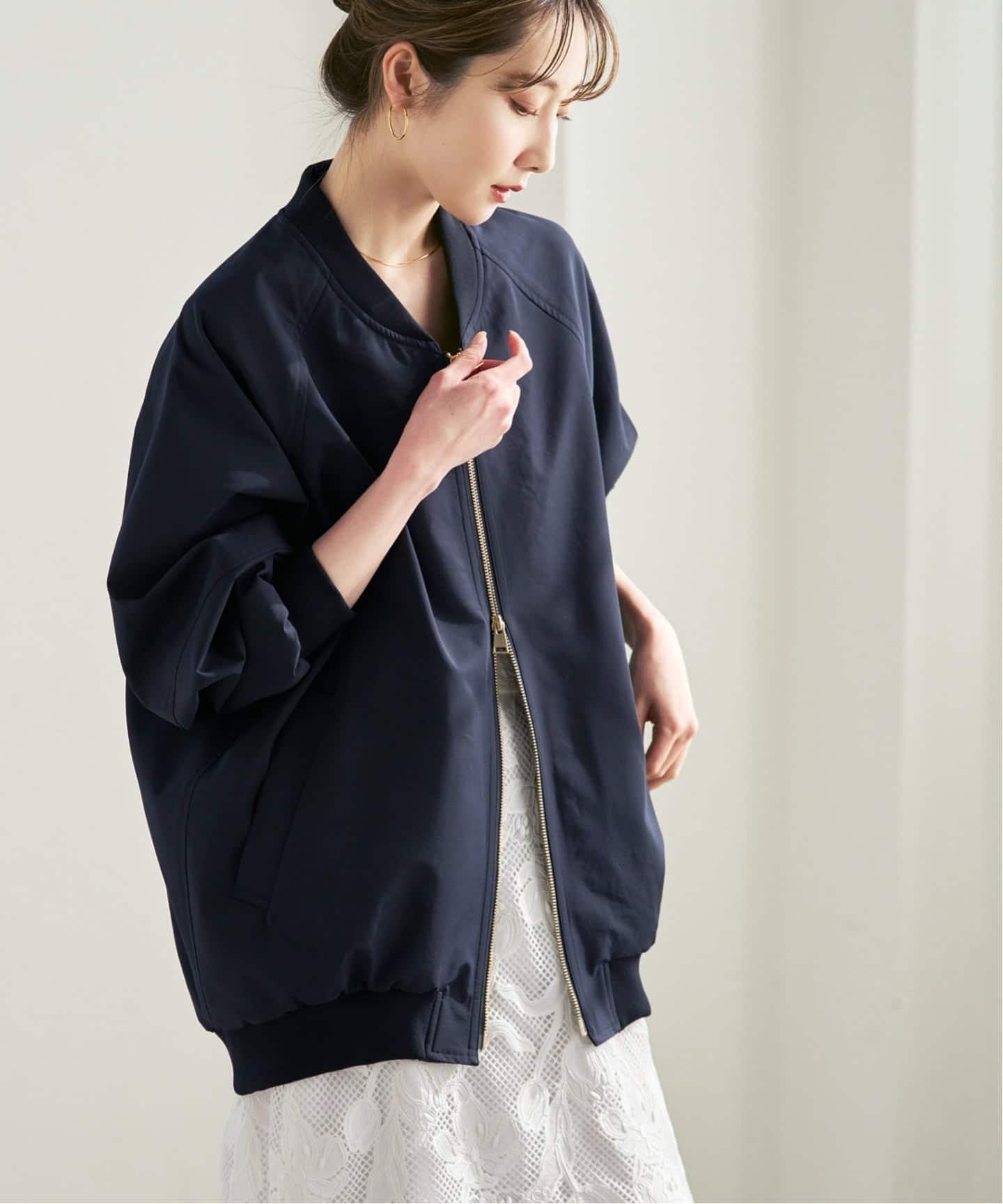 【ノーブル / スピック&スパン/NOBLE / Spick & Span】のハイツイストダブルクロスMA-1ブルゾン インテリア・キッズ・メンズ・レディースファッション・服の通販 founy(ファニー) 　ファッション　Fashion　レディースファッション　Fashion for Women　アウター　Coat / Outerwear Collection　ブルゾンジャケット・スポーティアウター　Blouson Jackets　MA-1ジャケット　MA-1 Bomber Jackets / Flight Jackets　シンプル　Simple, Minimal　ジップ　Zip, Zipper　ダブル　Double, Double-Breasted　フロント　Front, Front Design　ブルゾン　Blouson, Bomber Jacket　エレガント 上品　Elegant　ネイビー|ID: prp329100004863857 ipo3291000000036182017