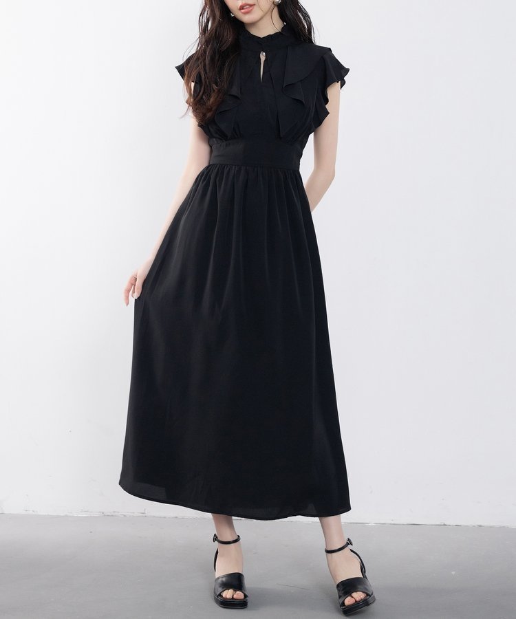 【セゾンドパピヨン/SAISON DE PAPILLON】のフリルカラーロング丈ジョゼットワンピース インテリア・キッズ・メンズ・レディースファッション・服の通販 founy(ファニー) 　ファッション　Fashion　レディースファッション　Fashion for Women　ワンピース　Dresses　くるぶし　Ankle-Length　切替　Switching, Contrast Panel　スタンド　Stand Collar, Upright Stand　スニーカー　Sneakers, Trainers　ティアード　Tiered, Tiered Style　バランス　Balance, Style Balance　フリル　Frill, Ruffle　ロング　Long, Long-Length　エレガント 上品　Elegant　ブラック|ID: prp329100004864852 ipo3291000000036208985