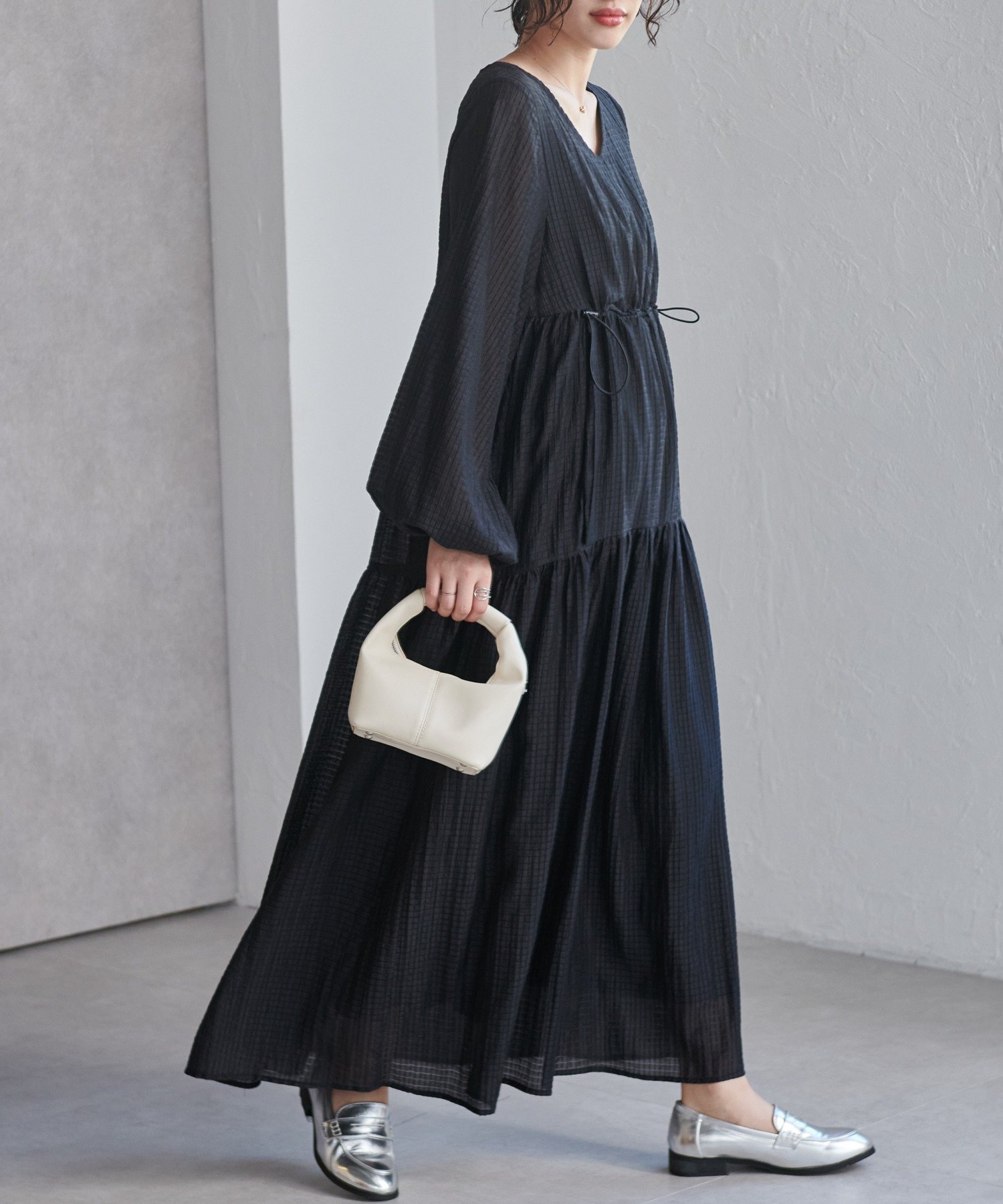 【ラナン/Ranan】のRanan/シアーチェックドロストギャザーティアードワンピース インテリア・キッズ・メンズ・レディースファッション・服の通販 founy(ファニー) 　ファッション　Fashion　レディースファッション　Fashion for Women　ワンピース　Dresses　ティアード　Tiered, Tiered Style　ポケット　Pocket, Pocket Detail　ブラック|ID: prp329100004864889 ipo3291000000036209604