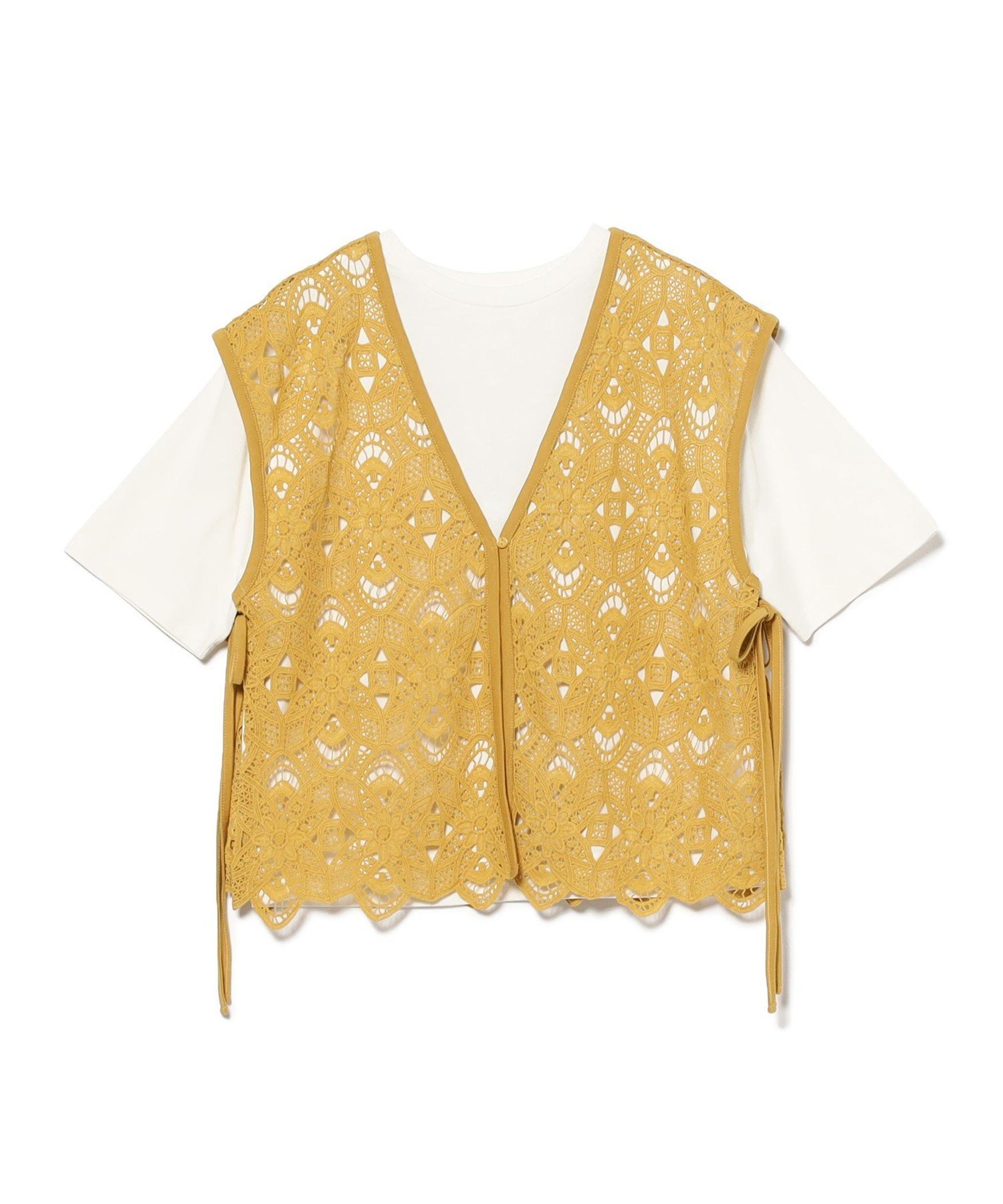 【ビームス ハート/BEAMS HEART】のレースベスト セット 半袖 プルオーバー (セットアイテム) インテリア・キッズ・メンズ・レディースファッション・服の通販 founy(ファニー) 　ファッション　Fashion　レディースファッション　Fashion for Women　トップス・カットソー　Cut & Sew Tops　ベスト&ジレ / 重ね着スタイル　Vests & Gilets　カジュアルプルオーバー・ニットトップス　Pullovers & Knit Tops / Casual Pullovers　インナー　Innerwear　シンプル　Simple, Minimal　スカラップ　Scallop, Scalloped Edge　透かし　Cut-Out, Lacework　ベスト　Vest, Waistcoat　半袖　Short Sleeve, Half Sleeve　リボン　Ribbon, Bow　レース　Lace, Lace Fabric　おすすめ　Recommended / Our Picks　YELLOW×OFF WHITE|ID: prp329100004864893 ipo3291000000036209775