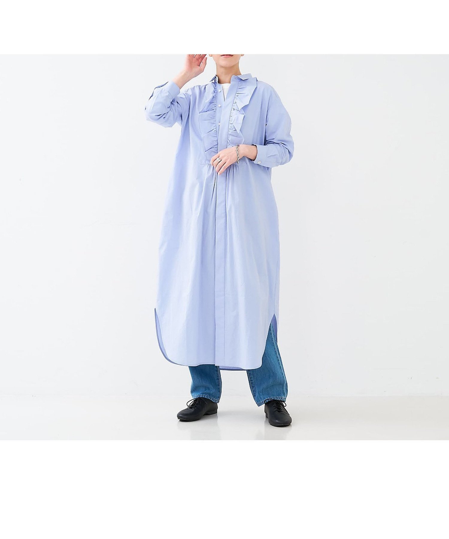 【コレックス/collex】のフロトフリルシャツワンピース インテリア・キッズ・メンズ・レディースファッション・服の通販 founy(ファニー) 　ファッション　Fashion　レディースファッション　Fashion for Women　ワンピース　Dresses　シャツワンピース / 1枚で着映えコーデ　Shirt Dresses　おすすめ　Recommended / Our Picks　コンパクト　Compact, Small Size　サテン　Satin, Glossy Fabric　スリット　Slit, Slit Detail　デニム　Denim, Jeans Material　フリル　Frill, Ruffle　フロント　Front, Front Design　ボトム　Bottoms, Lower Wear　春　Spring　羽織　Haori, Light Jacket　サックスブルー|ID: prp329100004865082 ipo3291000000036211323