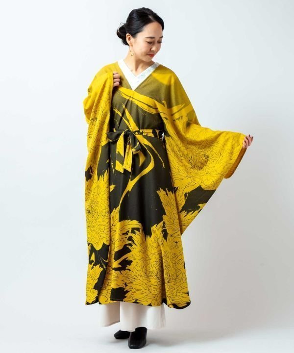 【アミナコレクション/Amina Collection】の【カヤ】花墨ワンピース インテリア・キッズ・メンズ・レディースファッション・服の通販 founy(ファニー) 　ファッション　Fashion　レディースファッション　Fashion for Women　ワンピース　Dresses　ドレープ　Drape, Draping Fabric　イエロー|ID: prp329100004865151 ipo3291000000036211816