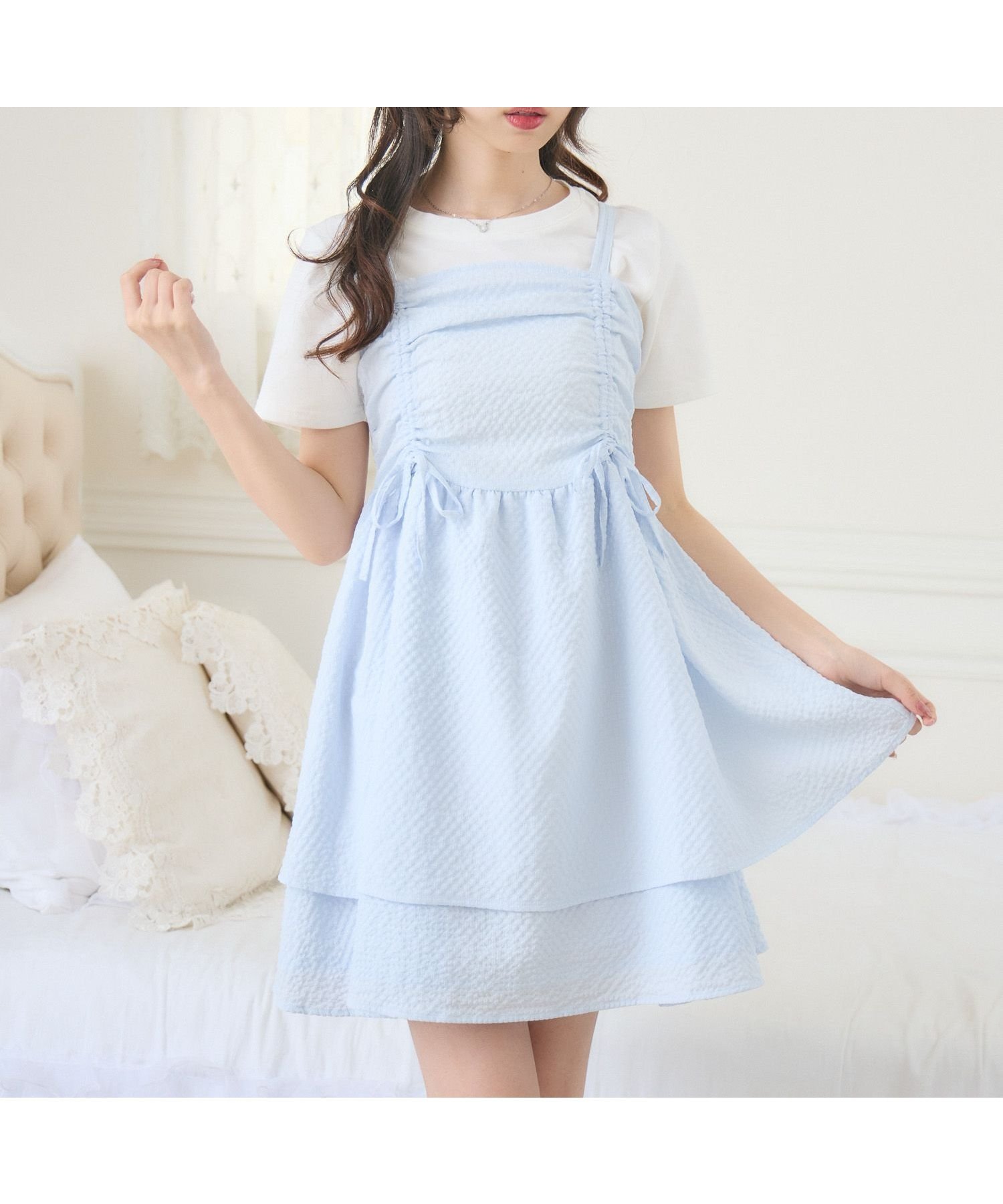 【レトロガール/RETRO GIRL】のダブルフリルミニOP インテリア・キッズ・メンズ・レディースファッション・服の通販 founy(ファニー) ファッション Fashion レディースファッション Fashion for Women ワンピース Dresses インナー Innerwear キャミワンピース Cami Dress, Slip Dress シャーリング Shirring, Ruched ダブル Double, Double-Breasted デニム Denim, Jeans Material フリル Frill, Ruffle ボトム Bottoms, Lower Wear 夏 Summer ブルー|ID: prp329100004865268 ipo3291000000036212659