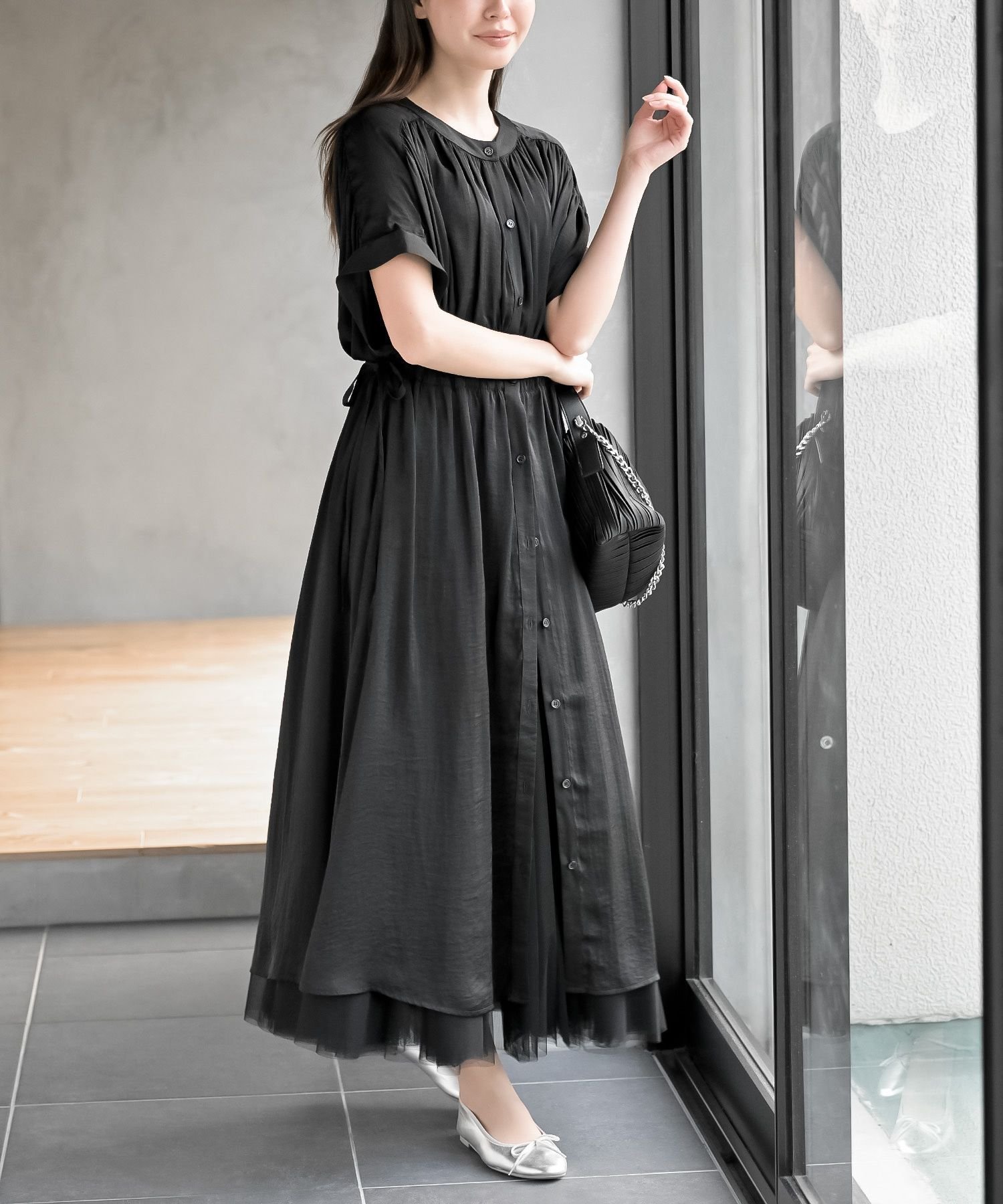 【アールピーエス/rps】のウ ゙ィンテージサテンバンドカラーワンピース インテリア・キッズ・メンズ・レディースファッション・服の通販 founy(ファニー) 　ファッション　Fashion　レディースファッション　Fashion for Women　ワンピース　Dresses　ギャザー　Gathered, Ruffled　ポケット　Pocket, Pocket Detail　エレガント 上品　Elegant　ブラック|ID: prp329100004865355 ipo3291000000036213418