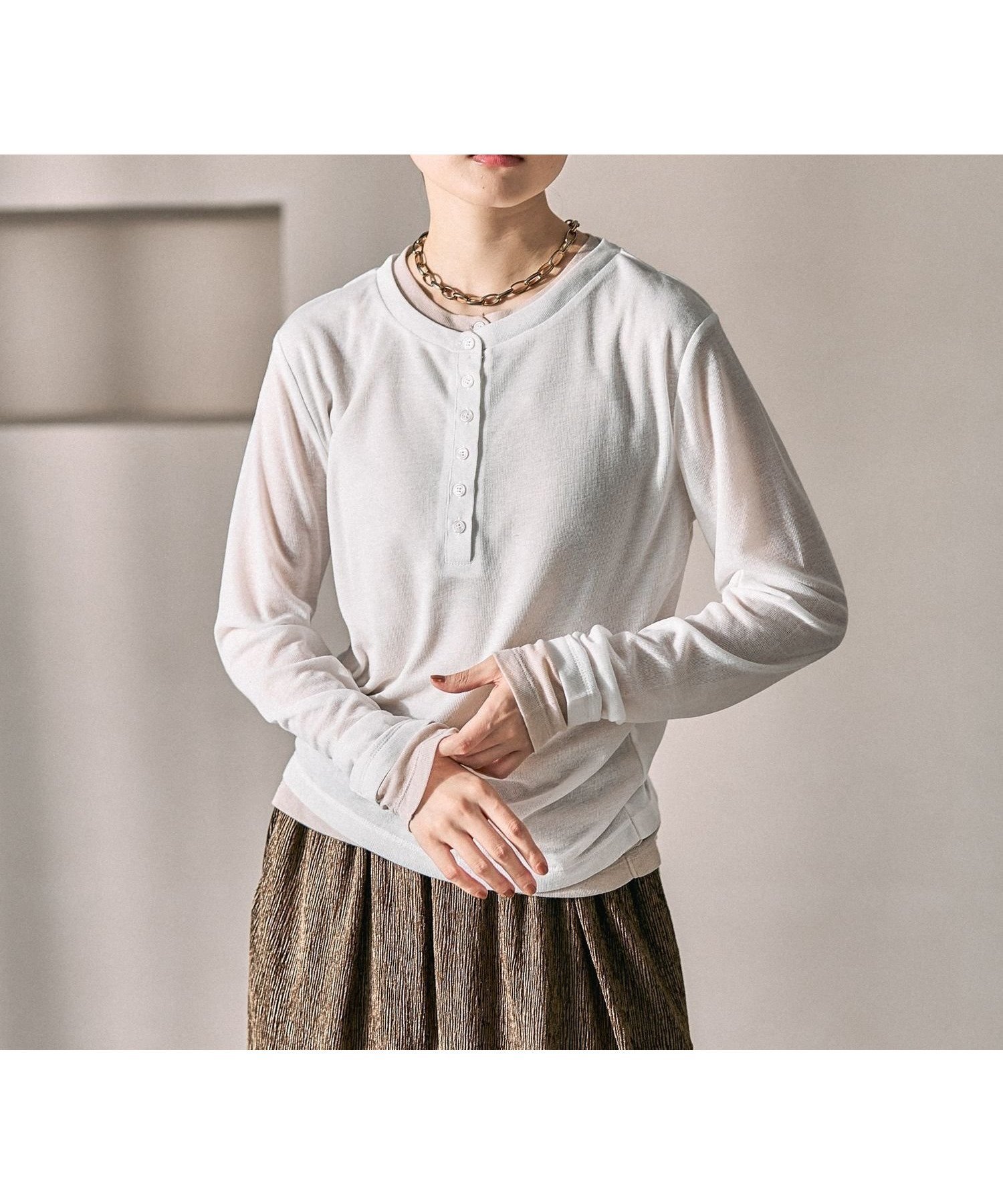 【レプシィム ローリーズファーム/LEPSIM LOWRYS FARM】のレイヤードヘンリーネックLS インテリア・キッズ・メンズ・レディースファッション・服の通販 founy(ファニー) 　ファッション　Fashion　レディースファッション　Fashion for Women　おすすめ　Recommended / Our Picks　インナー　Innerwear　テレコ　Ribbed, Rib Stitch　デニム　Denim, Jeans Material　トレンド　Trend, Trending Now　オフホワイト×グレージュ05|ID: prp329100004865523 ipo3291000000036215396