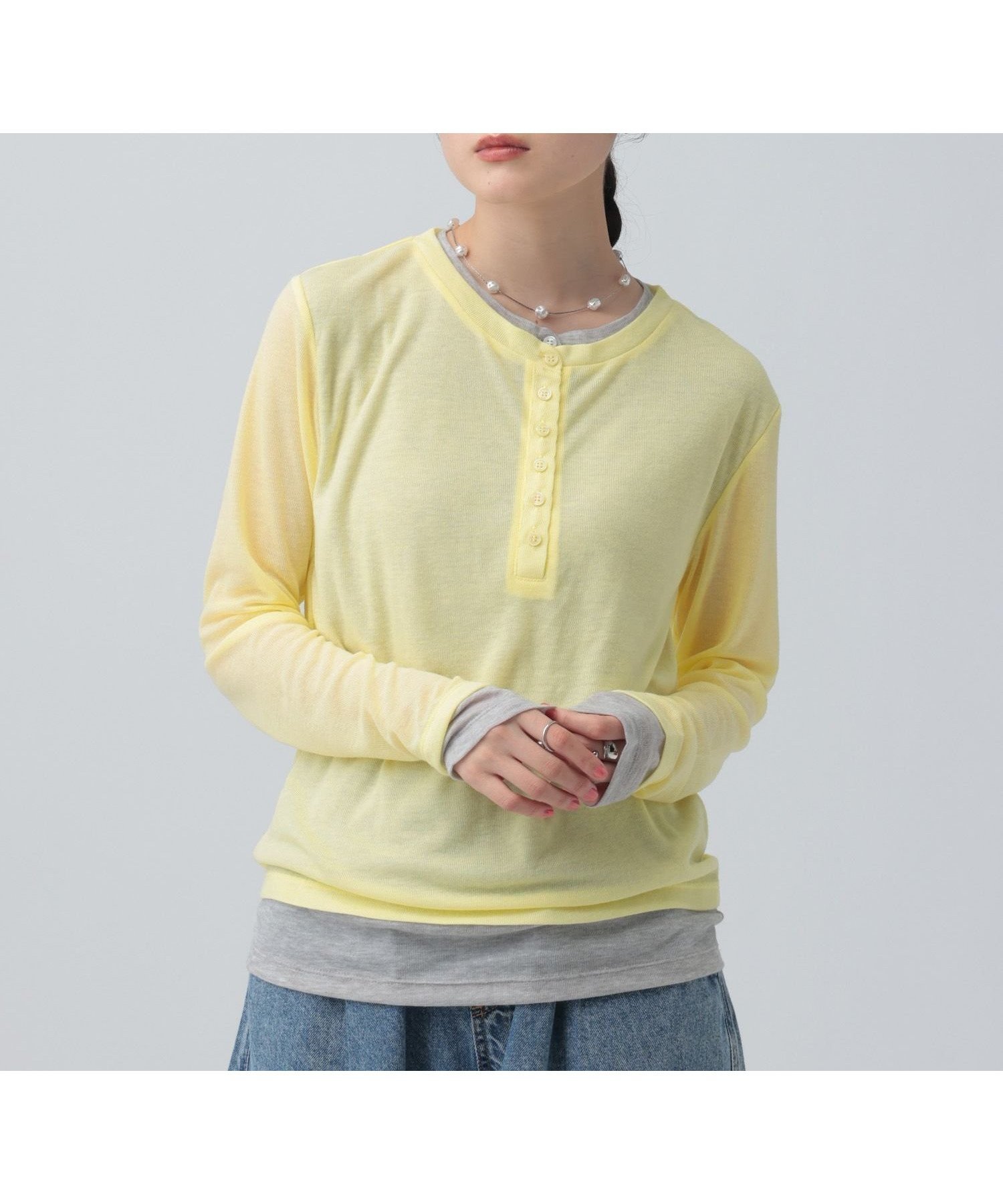 【レプシィム ローリーズファーム/LEPSIM LOWRYS FARM】のレイヤードヘンリーネックLS インテリア・キッズ・メンズ・レディースファッション・服の通販 founy(ファニー) 　ファッション　Fashion　レディースファッション　Fashion for Women　おすすめ　Recommended / Our Picks　インナー　Innerwear　テレコ　Ribbed, Rib Stitch　デニム　Denim, Jeans Material　トレンド　Trend, Trending Now　イエロー×グレー60|ID: prp329100004865523 ipo3291000000036215403