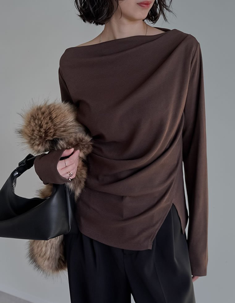 【リエディ/Re:EDIT】のリブカットソードレープトップス インテリア・キッズ・メンズ・レディースファッション・服の通販 founy(ファニー) 　ファッション　Fashion　レディースファッション　Fashion for Women　トップス・カットソー　Cut & Sew Tops　カットソー・ベーシックTシャツ　Cut-and-Sewn Tops / Stretch Tees & Basics　アシンメトリー　Asymmetrical Style　インナー　Innerwear　ジャケット　Jacket, Outerwear　スタイリッシュ　Stylish, Fashionable　デニム　Denim, Jeans Material　ドレープ　Drape, Draping Fabric　バランス　Balance, Style Balance　リラックス　Relax, Relaxed Fit　ロング　Long, Long-Length　人気　Popular, Best Seller　秋　Autumn　ブラウン|ID: prp329100004865528 ipo3291000000036215477