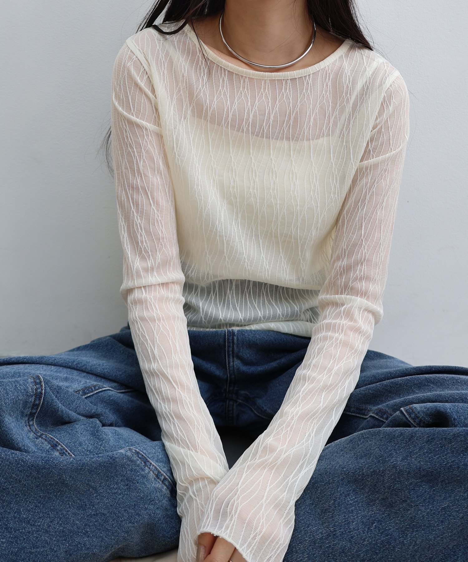 【アンドミー/andme】の【選べるネックデザイン】ウェーブ チュール シアー 長袖 トップス インテリア・キッズ・メンズ・レディースファッション・服の通販 founy(ファニー) 　ファッション　Fashion　レディースファッション　Fashion for Women　トップス・カットソー　Cut & Sew Tops　ウェーブ　Wavy Pattern　シアー　Sheer, See-Through　シンプル　Simple, Minimal　チュール　Tulip, Tulip Motif　長袖　Long Sleeve, Full Sleeve　おすすめ　Recommended / Our Picks　アイボリー【A】|ID: prp329100004865559 ipo3291000000036215829