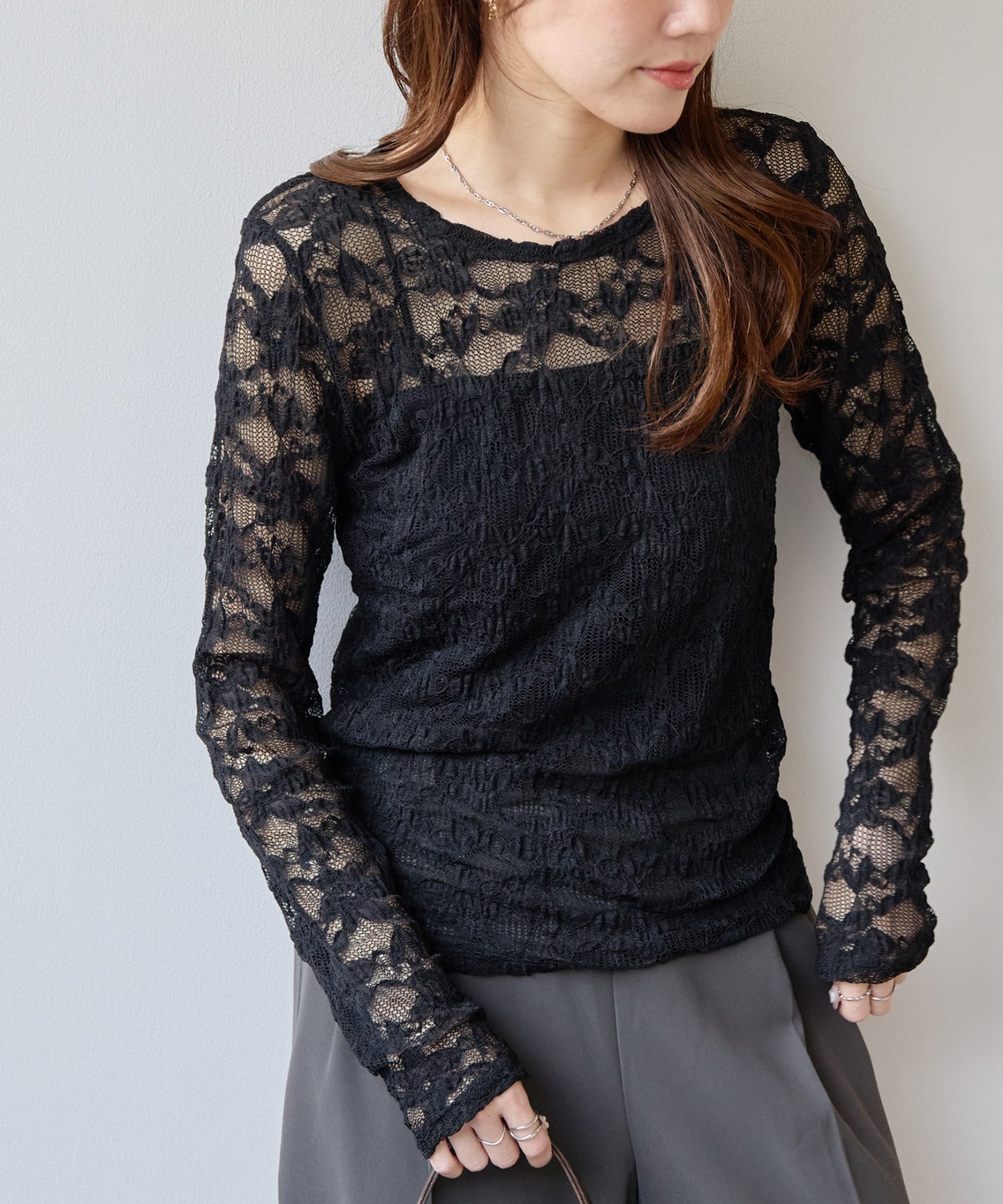 【ディスコート/Discoat】の【オンオフ兼用】レースロングスリーブ インテリア・キッズ・メンズ・レディースファッション・服の通販 founy(ファニー) 　ファッション　Fashion　レディースファッション　Fashion for Women　おすすめ　Recommended / Our Picks　インナー　Innerwear　ジャケット　Jacket, Outerwear　スラックス　Slacks, Dress Pants　ダウン　Down, Puffer　チュニック　Tunic, Long Top　デニム　Denim, Jeans Material　レース　Lace, Lace Fabric　ブラック|ID: prp329100004865571 ipo3291000000036215974