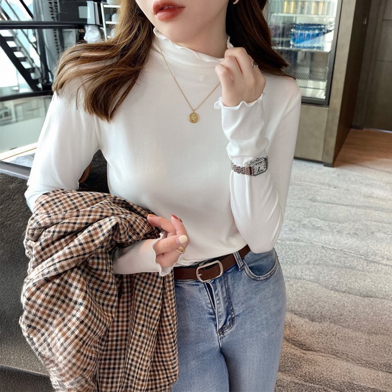 【ココモモ/COCOMOMO】のストレッチカットソー フリルネックロンT ハイネック 配色 バイカラー 長袖 人気、トレンドファッション・服の通販 founy(ファニー) 　ファッション　Fashion　レディースファッション　Fashion for Women　トップス・カットソー　Cut & Sew Tops　ロングTシャツ・Tシャツ　Longline T-Shirts & Tees　カットソー・ベーシックTシャツ　Cut-and-Sewn Tops / Stretch Tees & Basics　インナー　Innerwear　オレンジ　Orange　カットソー　Cut and Sewn Top　ハイネック　High Neck, Mock Neck　無地　Plain, Solid Color　長袖　Long Sleeve, Full Sleeve　 other-1|ID: prp329100004865685 ipo3291000000036217160