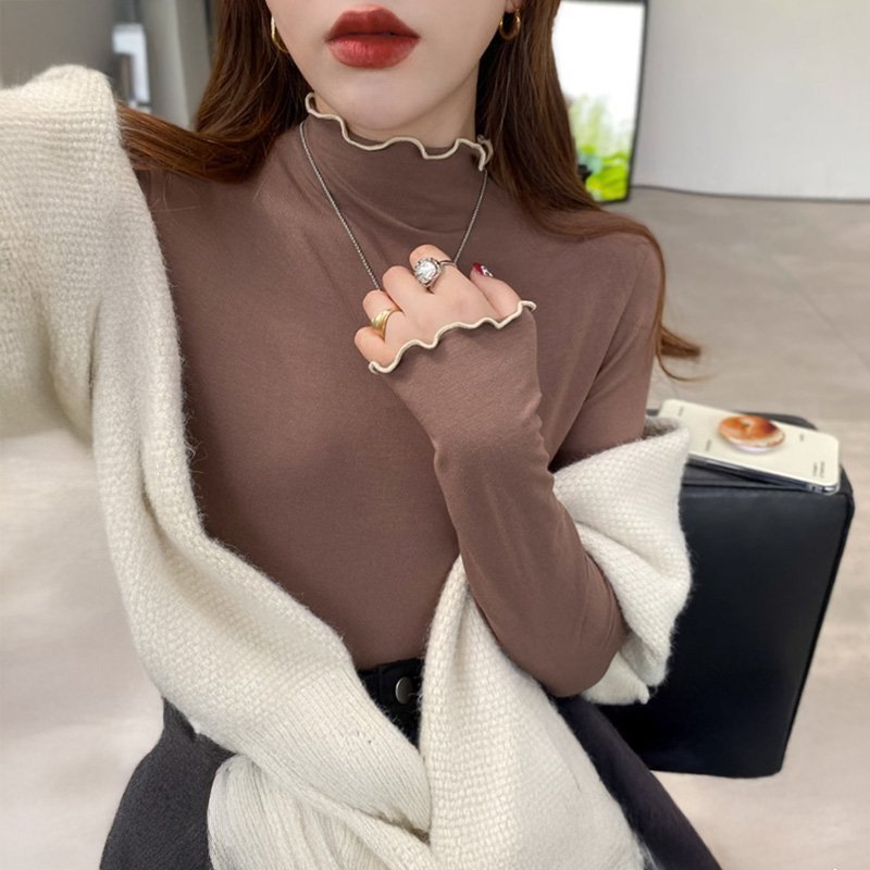 【ココモモ/COCOMOMO】のストレッチカットソー フリルネックロンT ハイネック 配色 バイカラー 長袖 インテリア・キッズ・メンズ・レディースファッション・服の通販 founy(ファニー) 　ファッション　Fashion　レディースファッション　Fashion for Women　トップス・カットソー　Cut & Sew Tops　ロングTシャツ・Tシャツ　Longline T-Shirts & Tees　カットソー・ベーシックTシャツ　Cut-and-Sewn Tops / Stretch Tees & Basics　インナー　Innerwear　オレンジ　Orange　カットソー　Cut and Sewn Top　ハイネック　High Neck, Mock Neck　無地　Plain, Solid Color　長袖　Long Sleeve, Full Sleeve　ダークブラウン・ベージュ|ID: prp329100004865685 ipo3291000000036217164