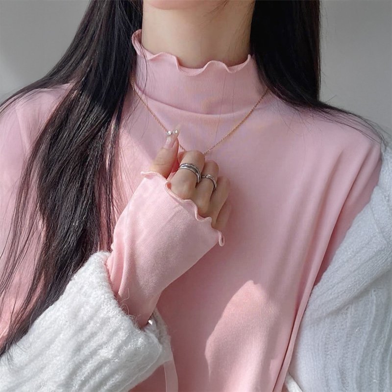 【ココモモ/COCOMOMO】のストレッチカットソー フリルネックロンT ハイネック 配色 バイカラー 長袖 インテリア・キッズ・メンズ・レディースファッション・服の通販 founy(ファニー) 　ファッション　Fashion　レディースファッション　Fashion for Women　トップス・カットソー　Cut & Sew Tops　ロングTシャツ・Tシャツ　Longline T-Shirts & Tees　カットソー・ベーシックTシャツ　Cut-and-Sewn Tops / Stretch Tees & Basics　インナー　Innerwear　オレンジ　Orange　カットソー　Cut and Sewn Top　ハイネック　High Neck, Mock Neck　無地　Plain, Solid Color　長袖　Long Sleeve, Full Sleeve　ライトピンク|ID: prp329100004865685 ipo3291000000036217183