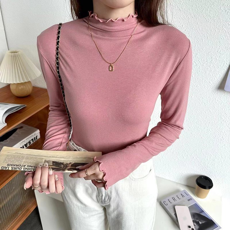 【ココモモ/COCOMOMO】のストレッチカットソー フリルネックロンT ハイネック 配色 バイカラー 長袖 インテリア・キッズ・メンズ・レディースファッション・服の通販 founy(ファニー) 　ファッション　Fashion　レディースファッション　Fashion for Women　トップス・カットソー　Cut & Sew Tops　ロングTシャツ・Tシャツ　Longline T-Shirts & Tees　カットソー・ベーシックTシャツ　Cut-and-Sewn Tops / Stretch Tees & Basics　インナー　Innerwear　オレンジ　Orange　カットソー　Cut and Sewn Top　ハイネック　High Neck, Mock Neck　無地　Plain, Solid Color　長袖　Long Sleeve, Full Sleeve　あずき色|ID: prp329100004865685 ipo3291000000036217187