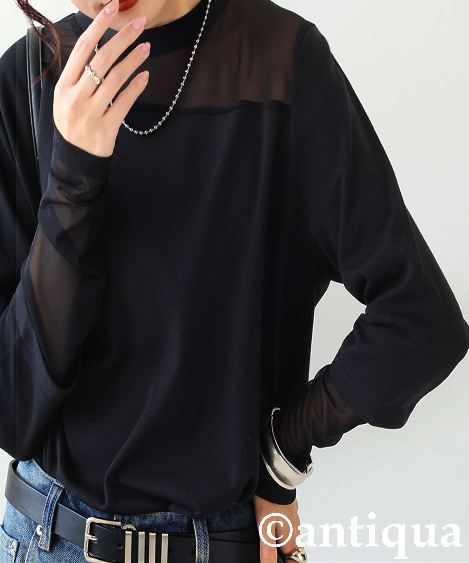 【アンティカ/antiqua】のantiqua アンティカ シアー 切り替え トップス ロンT レディース PN-00545 インテリア・キッズ・メンズ・レディースファッション・服の通販 founy(ファニー) 　ファッション　Fashion　レディースファッション　Fashion for Women　トップス・カットソー　Cut & Sew Tops　ロングTシャツ・Tシャツ　Longline T-Shirts & Tees　シアー　Sheer, See-Through　ドッキング　Docking, Mixed Material　フロント　Front, Front Design　05 ブラック|ID: prp329100004865700 ipo3291000000036217429