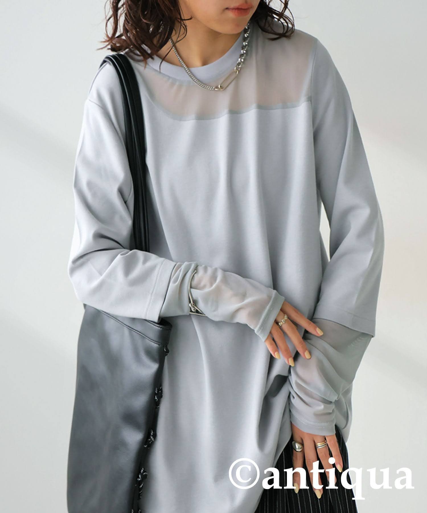 【アンティカ/antiqua】のantiqua アンティカ シアー 切り替え トップス ロンT レディース PN-00545 インテリア・キッズ・メンズ・レディースファッション・服の通販 founy(ファニー) 　ファッション　Fashion　レディースファッション　Fashion for Women　トップス・カットソー　Cut & Sew Tops　ロングTシャツ・Tシャツ　Longline T-Shirts & Tees　シアー　Sheer, See-Through　ドッキング　Docking, Mixed Material　フロント　Front, Front Design　14 ライトグレー|ID: prp329100004865700 ipo3291000000036217430