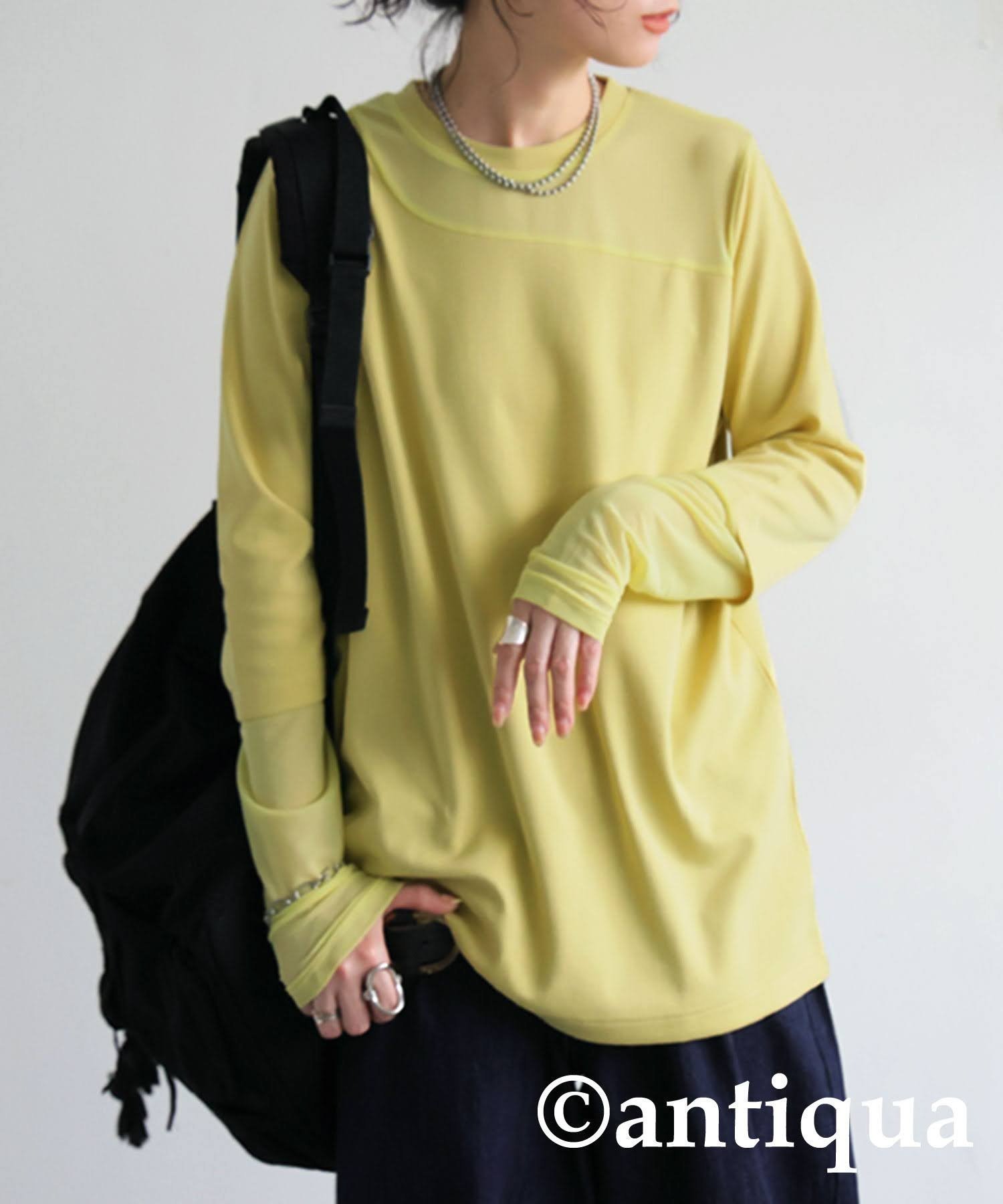 【アンティカ/antiqua】のantiqua アンティカ シアー 切り替え トップス ロンT レディース PN-00545 インテリア・キッズ・メンズ・レディースファッション・服の通販 founy(ファニー) 　ファッション　Fashion　レディースファッション　Fashion for Women　トップス・カットソー　Cut & Sew Tops　ロングTシャツ・Tシャツ　Longline T-Shirts & Tees　シアー　Sheer, See-Through　ドッキング　Docking, Mixed Material　フロント　Front, Front Design　18 イエロー|ID: prp329100004865700 ipo3291000000036217434