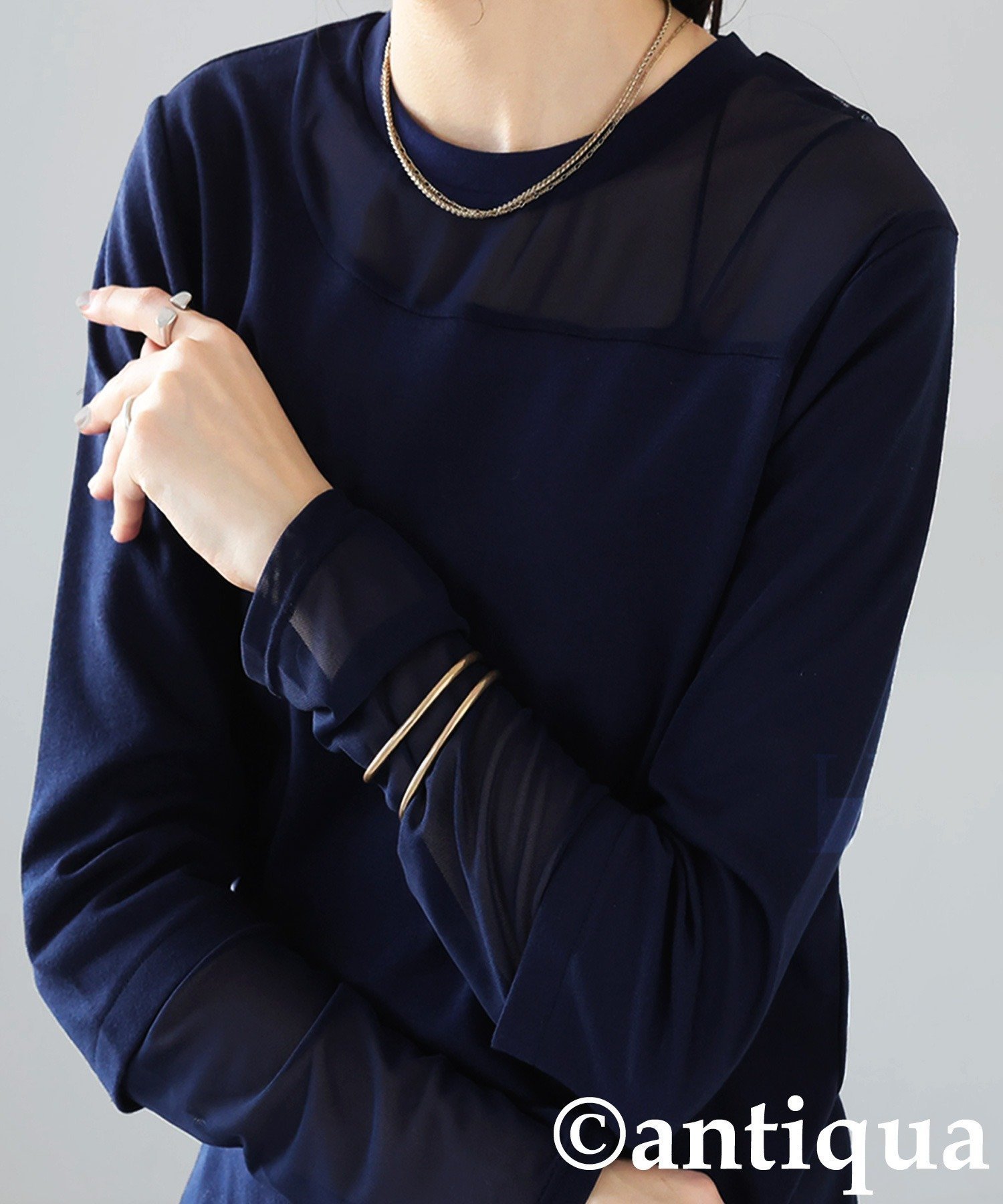 【アンティカ/antiqua】のantiqua アンティカ シアー 切り替え トップス ロンT レディース PN-00545 インテリア・キッズ・メンズ・レディースファッション・服の通販 founy(ファニー) 　ファッション　Fashion　レディースファッション　Fashion for Women　トップス・カットソー　Cut & Sew Tops　ロングTシャツ・Tシャツ　Longline T-Shirts & Tees　シアー　Sheer, See-Through　ドッキング　Docking, Mixed Material　フロント　Front, Front Design　20 ネイビー|ID: prp329100004865700 ipo3291000000036217437
