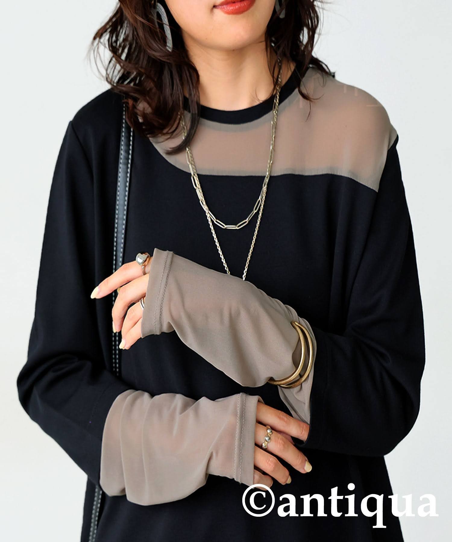 【アンティカ/antiqua】のantiqua アンティカ シアー 切り替え トップス ロンT レディース PN-00545 インテリア・キッズ・メンズ・レディースファッション・服の通販 founy(ファニー) 　ファッション　Fashion　レディースファッション　Fashion for Women　トップス・カットソー　Cut & Sew Tops　ロングTシャツ・Tシャツ　Longline T-Shirts & Tees　シアー　Sheer, See-Through　ドッキング　Docking, Mixed Material　フロント　Front, Front Design　85 ブラック×グレージュ|ID: prp329100004865700 ipo3291000000036217441