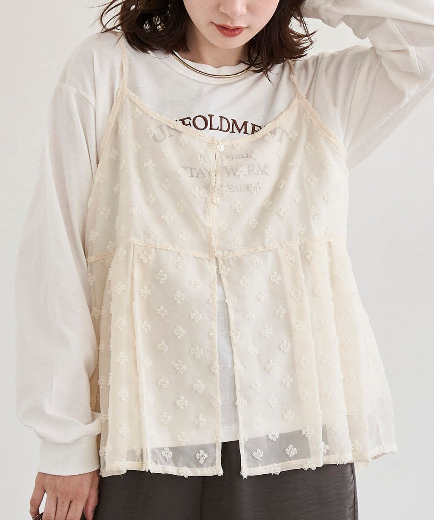 【コーエン/COEN】の【セットアイテム】ドビーシフォンキャミソール セットロゴロンT インテリア・キッズ・メンズ・レディースファッション・服の通販 founy(ファニー) 　ファッション　Fashion　レディースファッション　Fashion for Women　トップス・カットソー　Cut & Sew Tops　キャミソール&ノースリーブ　Camisoles & Sleeveless Tops　ロングTシャツ・Tシャツ　Longline T-Shirts & Tees　カットソー　Cut and Sewn Top　キャミ　Camisole, Cami Top　キャミソール　Camisole, Spaghetti Strap Top　シフォン　Chiffon, Lightweight Fabric　シンプル　Simple, Minimal　ドット　Polka Dot, Dot Pattern　おすすめ　Recommended / Our Picks　OFF WHITE|ID: prp329100004865735 ipo3291000000036217748