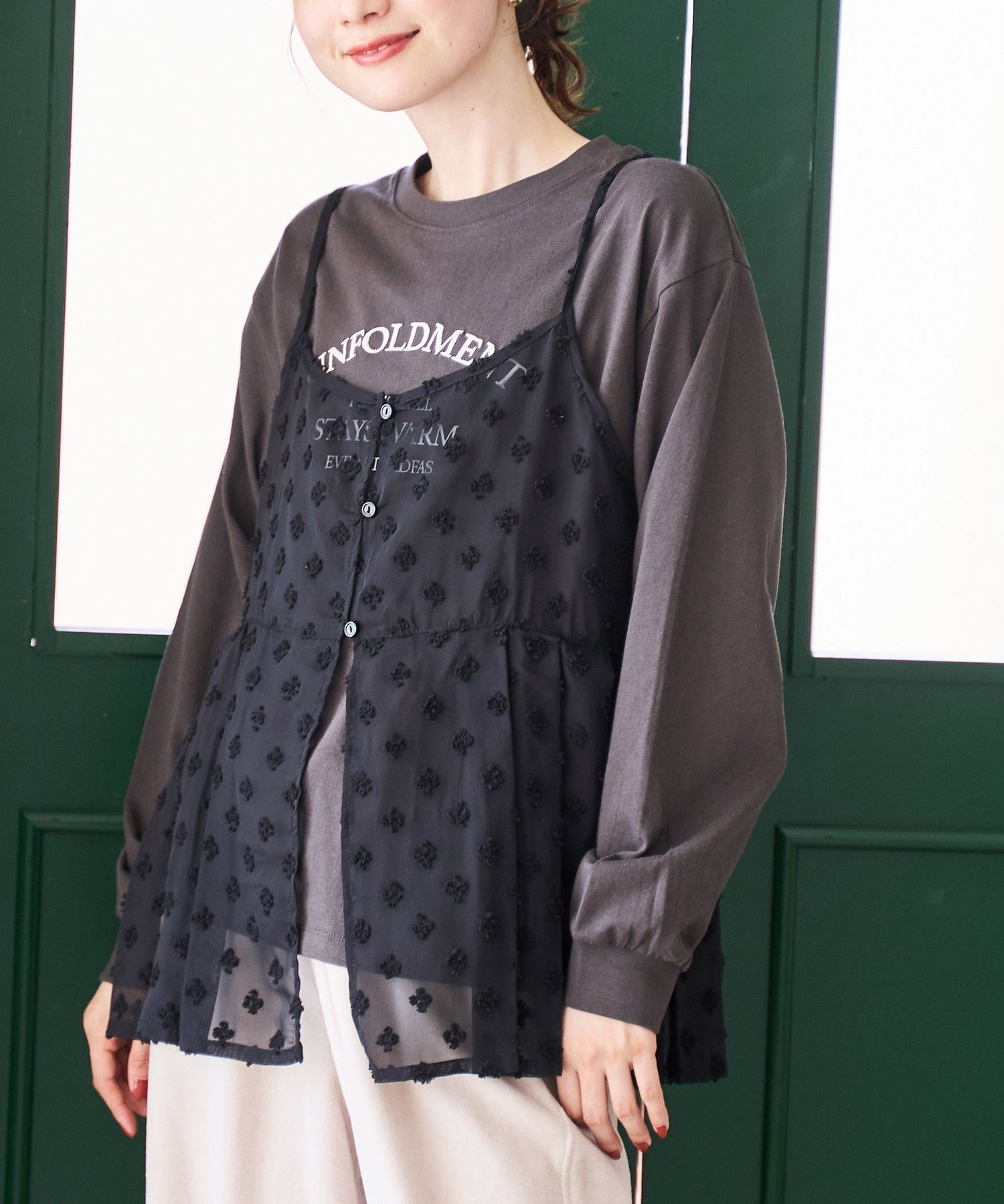 【コーエン/COEN】の【セットアイテム】ドビーシフォンキャミソール セットロゴロンT インテリア・キッズ・メンズ・レディースファッション・服の通販 founy(ファニー) 　ファッション　Fashion　レディースファッション　Fashion for Women　トップス・カットソー　Cut & Sew Tops　キャミソール&ノースリーブ　Camisoles & Sleeveless Tops　ロングTシャツ・Tシャツ　Longline T-Shirts & Tees　カットソー　Cut and Sewn Top　キャミ　Camisole, Cami Top　キャミソール　Camisole, Spaghetti Strap Top　シフォン　Chiffon, Lightweight Fabric　シンプル　Simple, Minimal　ドット　Polka Dot, Dot Pattern　おすすめ　Recommended / Our Picks　DK.GRAY|ID: prp329100004865735 ipo3291000000036217750