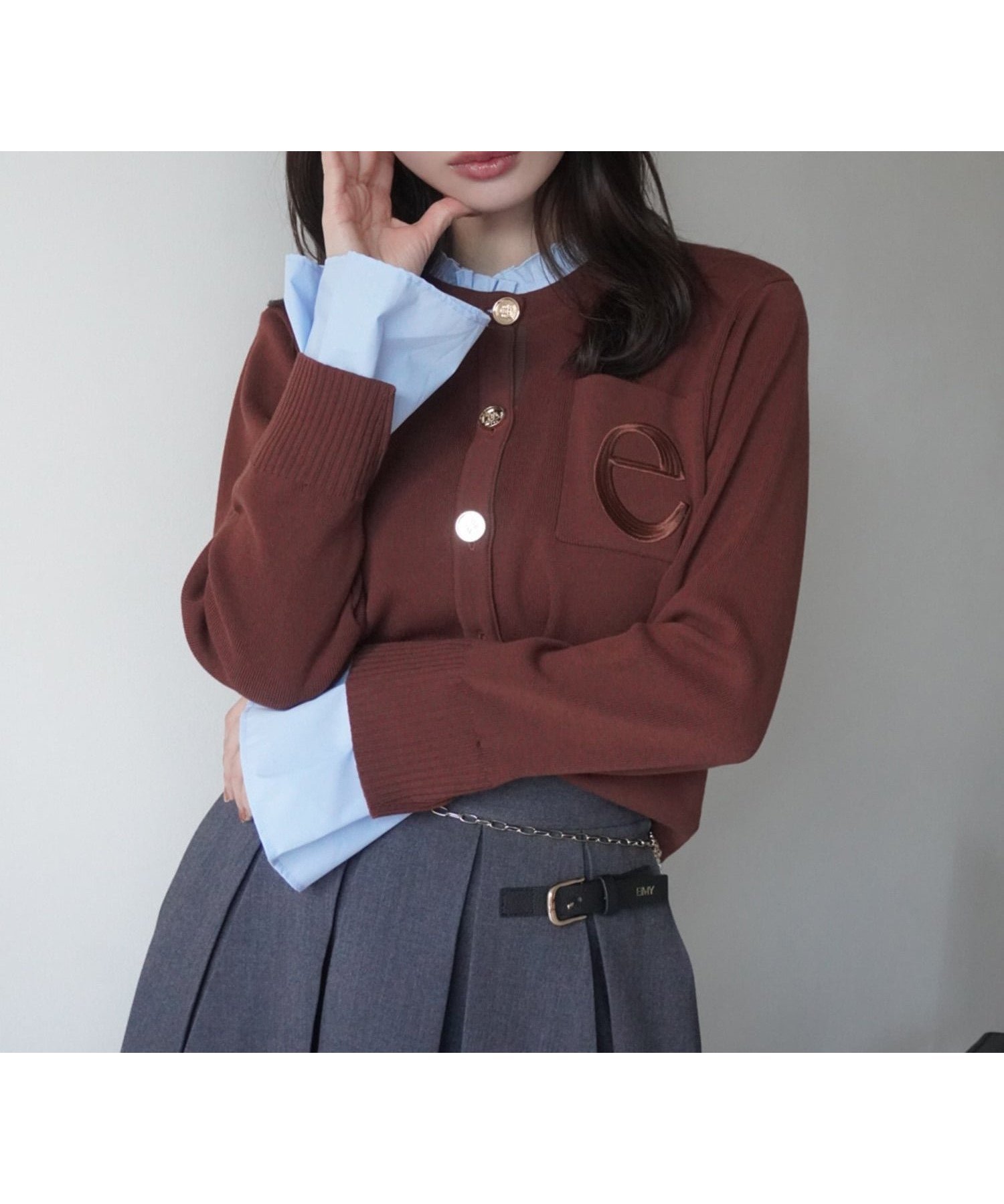 【エイミーイストワール/eimy istoire】のAttached collar ニットジャケット インテリア・キッズ・メンズ・レディースファッション・服の通販 founy(ファニー) 　ファッション　Fashion　レディースファッション　Fashion for Women　アウター　Coat / Outerwear Collection　レディースジャケット・軽アウター　Jackets　カーディガン　Cardigan, Knitwear　クラシカル　Classical, Vintage-Inspired　コンパクト　Compact, Small Size　ジャケット　Jacket, Outerwear　ダウン　Down, Puffer　デニム　Denim, Jeans Material　バランス　Balance, Style Balance　フェミニン　Feminine, Girly　フロント　Front, Front Design　ボトム　Bottoms, Lower Wear　ポケット　Pocket, Pocket Detail　ロング　Long, Long-Length　再入荷　Restock / Back in Stock　おすすめ　Recommended / Our Picks　エレガント 上品　Elegant　BROWN|ID: prp329100004865797 ipo3291000000036218370