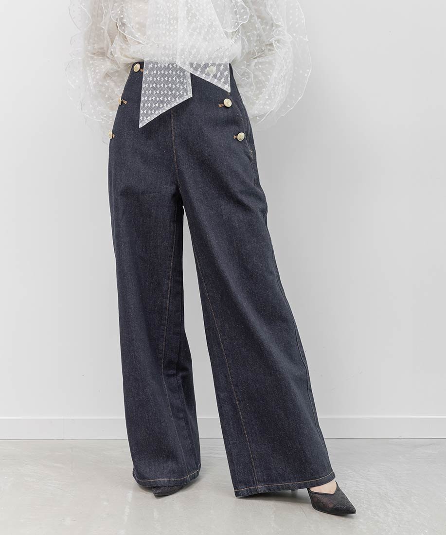 【ランダ/RANDA】のマリンデニムワイドパンツ インテリア・キッズ・メンズ・レディースファッション・服の通販 founy(ファニー) 　ファッション　Fashion　レディースファッション　Fashion for Women　パンツ　Pants & Trousers　シルバー　Silver, Metallic Silver　ジャケット　Jacket, Outerwear　スニーカー　Sneakers, Trainers　セットアップ　Set-Up, Coordinated Outfit　デニム　Denim, Jeans Material　フェミニン　Feminine, Girly　フロント　Front, Front Design　ミックス　Mix, Mixed Style　メタル　Metal, Metal Parts　ラグジュアリー　Luxury, Elegant　ワイド　Wide, Wide Fit　おすすめ　Recommended / Our Picks　INDIGO|ID: prp329100004865804 ipo3291000000036218541