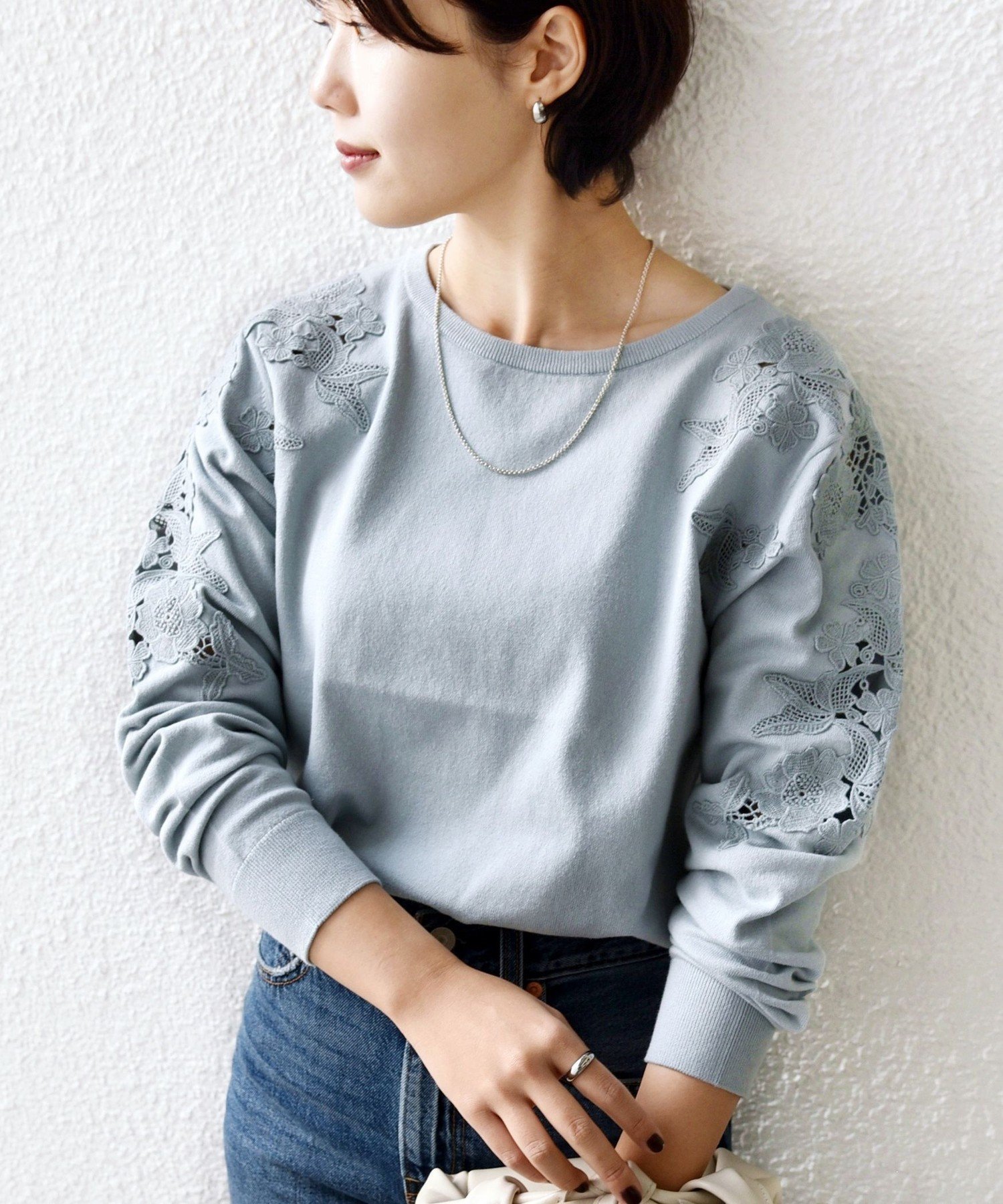 【シップス フォー ウィメン/SHIPS】の【WEB限定】 手洗い可能 ショルダー レース コンビ ニット プルオーバー インテリア・キッズ・メンズ・レディースファッション・服の通販 founy(ファニー) 　ファッション　Fashion　レディースファッション　Fashion for Women　トップス・カットソー　Cut & Sew Tops　ニット　Knit Tops & Sweaters　カジュアルプルオーバー・ニットトップス　Pullovers & Knit Tops / Casual Pullovers　インナー　Innerwear　春　Spring　コンビ　Combo, Combination Style　ショルダー　Shoulder, Shoulder Strap　ダウン　Down, Puffer　デニム　Denim, Jeans Material　長袖　Long Sleeve, Full Sleeve　ポケット　Pocket, Pocket Detail　レース　Lace, Lace Fabric　おすすめ　Recommended / Our Picks　エレガント 上品　Elegant　ビジネス 仕事 通勤　Business / Work / Commuting　2026年　2026　ライトブルー|ID: prp329100004865822 ipo3291000000036218713