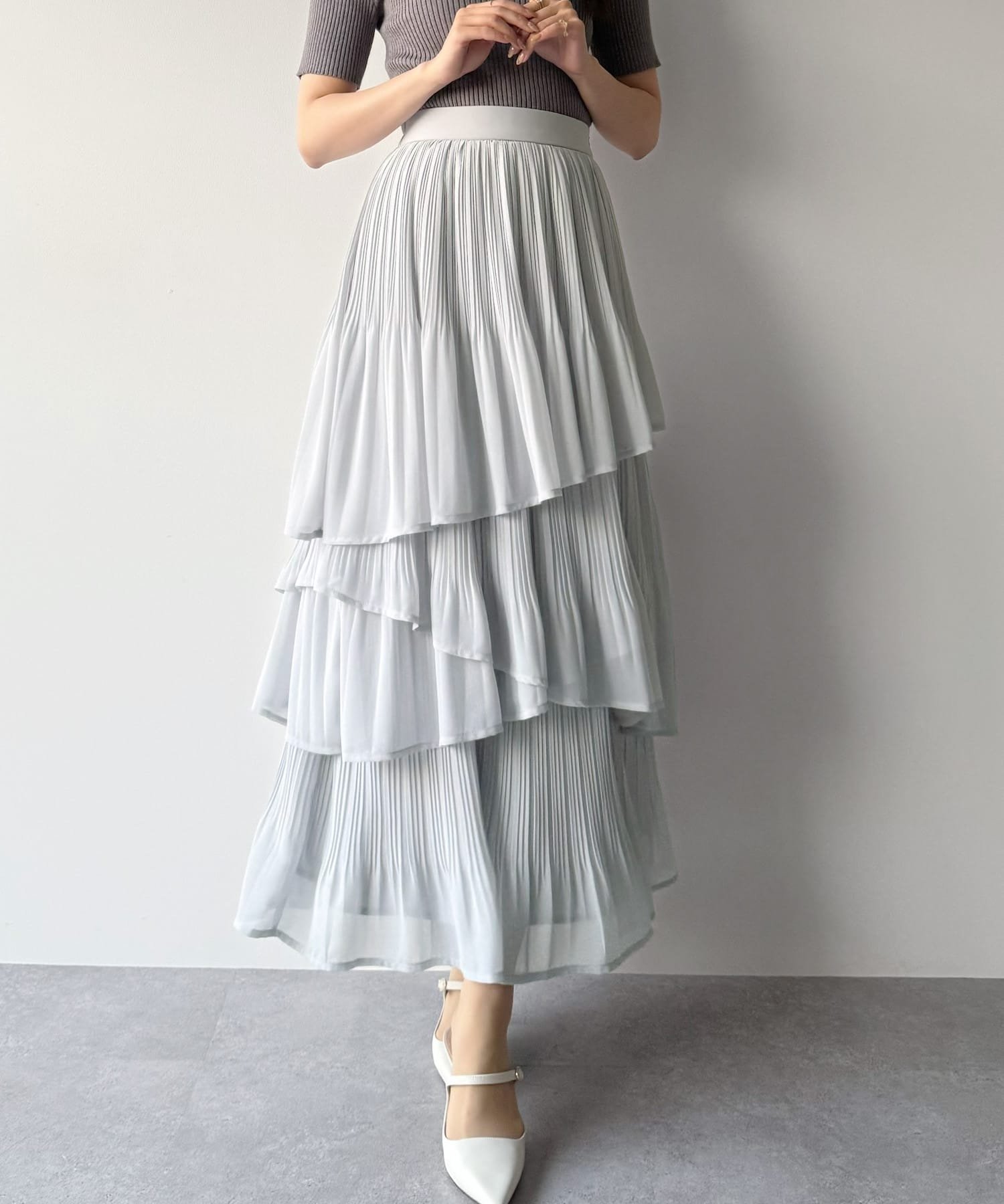 【ジュノア/JUNOAH】のmipiarl ランダムヘムプリーツティアードスカート インテリア・キッズ・メンズ・レディースファッション・服の通販 founy(ファニー) ファッション Fashion レディースファッション Fashion for Women スカート Skirts ティアードスカート Tiered Skirts ブルーグレー|ID: prp329100004865985 ipo3291000000036219746