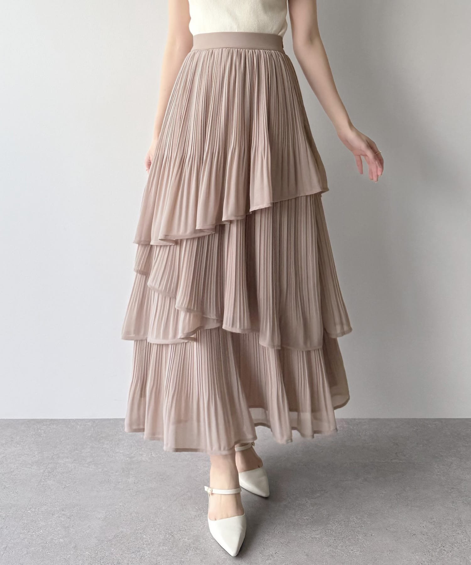 【ジュノア/JUNOAH】のmipiarl ランダムヘムプリーツティアードスカート インテリア・キッズ・メンズ・レディースファッション・服の通販 founy(ファニー) ファッション Fashion レディースファッション Fashion for Women スカート Skirts ティアードスカート Tiered Skirts ピンクベージュ|ID: prp329100004865985 ipo3291000000036219748