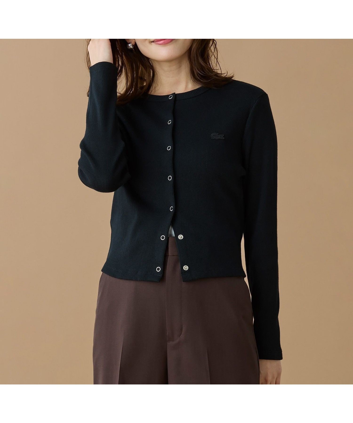 【ラコステ/LACOSTE】のリブジャージカーディガン インテリア・キッズ・メンズ・レディースファッション・服の通販 founy(ファニー) 　ファッション　Fashion　レディースファッション　Fashion for Women　トップス・カットソー　Cut & Sew Tops　カーディガン・羽織り　Layered Style Cardigans　カーディガン　Cardigan, Knitwear　ショート　Short, Short Length　シンプル　Simple, Minimal　スタイリッシュ　Stylish, Fashionable　スリム　Slim, Slim Fit　ドット　Polka Dot, Dot Pattern　バランス　Balance, Style Balance　フィット　Fit, Slim Fit　ベーシック　Basic, Essential　ボトム　Bottoms, Lower Wear　メタル　Metal, Metal Parts　エレガント 上品　Elegant　ブラック|ID: prp329100004866035 ipo3291000000036220020