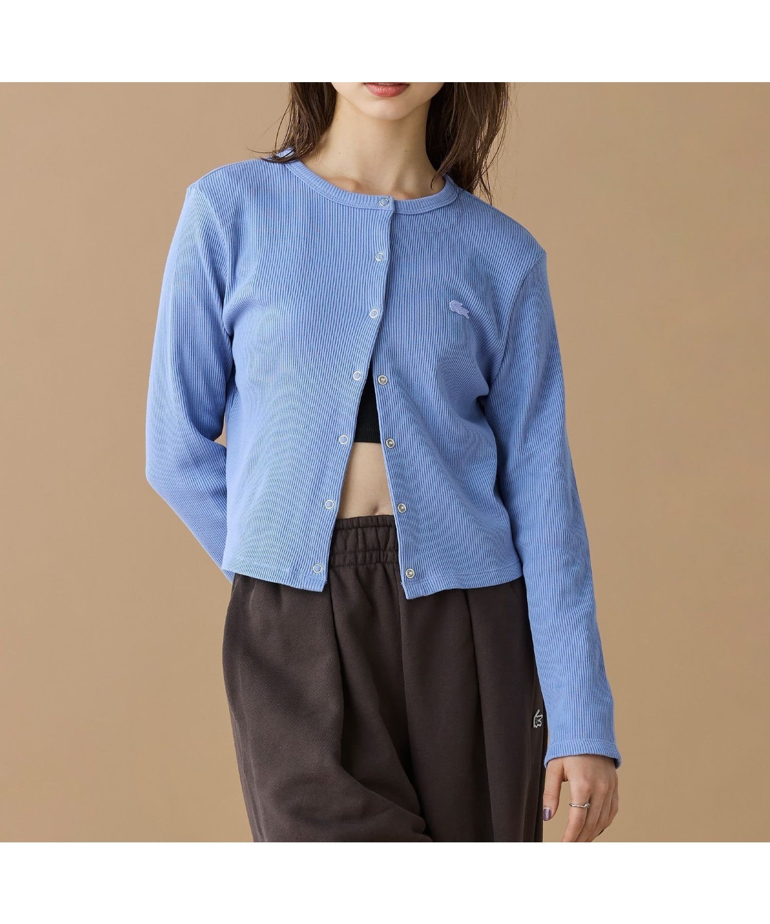 【ラコステ/LACOSTE】のリブジャージカーディガン インテリア・キッズ・メンズ・レディースファッション・服の通販 founy(ファニー) 　ファッション　Fashion　レディースファッション　Fashion for Women　トップス・カットソー　Cut & Sew Tops　カーディガン・羽織り　Layered Style Cardigans　カーディガン　Cardigan, Knitwear　ショート　Short, Short Length　シンプル　Simple, Minimal　スタイリッシュ　Stylish, Fashionable　スリム　Slim, Slim Fit　ドット　Polka Dot, Dot Pattern　バランス　Balance, Style Balance　フィット　Fit, Slim Fit　ベーシック　Basic, Essential　ボトム　Bottoms, Lower Wear　メタル　Metal, Metal Parts　エレガント 上品　Elegant　パープル|ID: prp329100004866035 ipo3291000000036220021